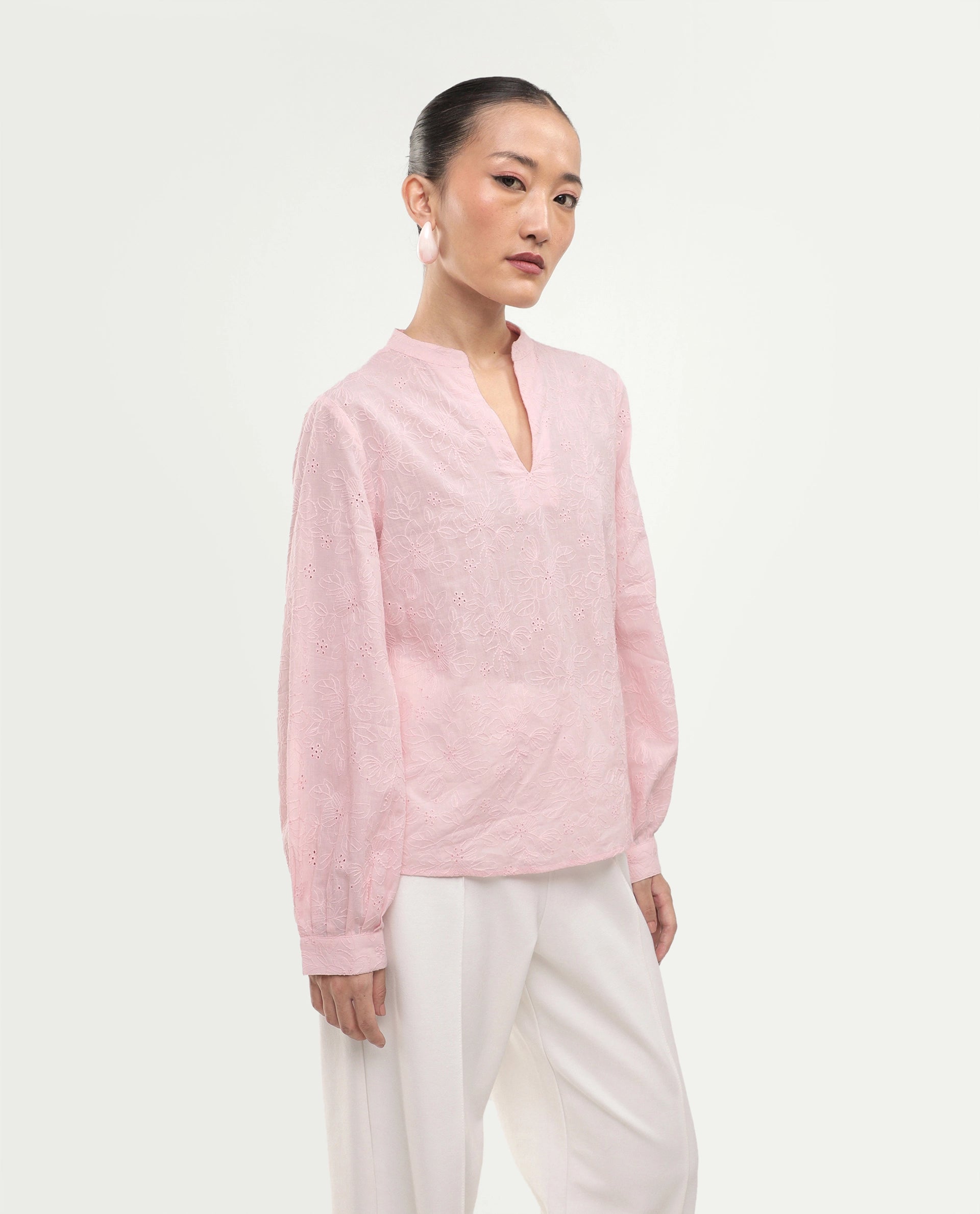 Rareism Women's Rufo Pastel Pink Cotton Full Sleeve Band Collar Regular Fit Top