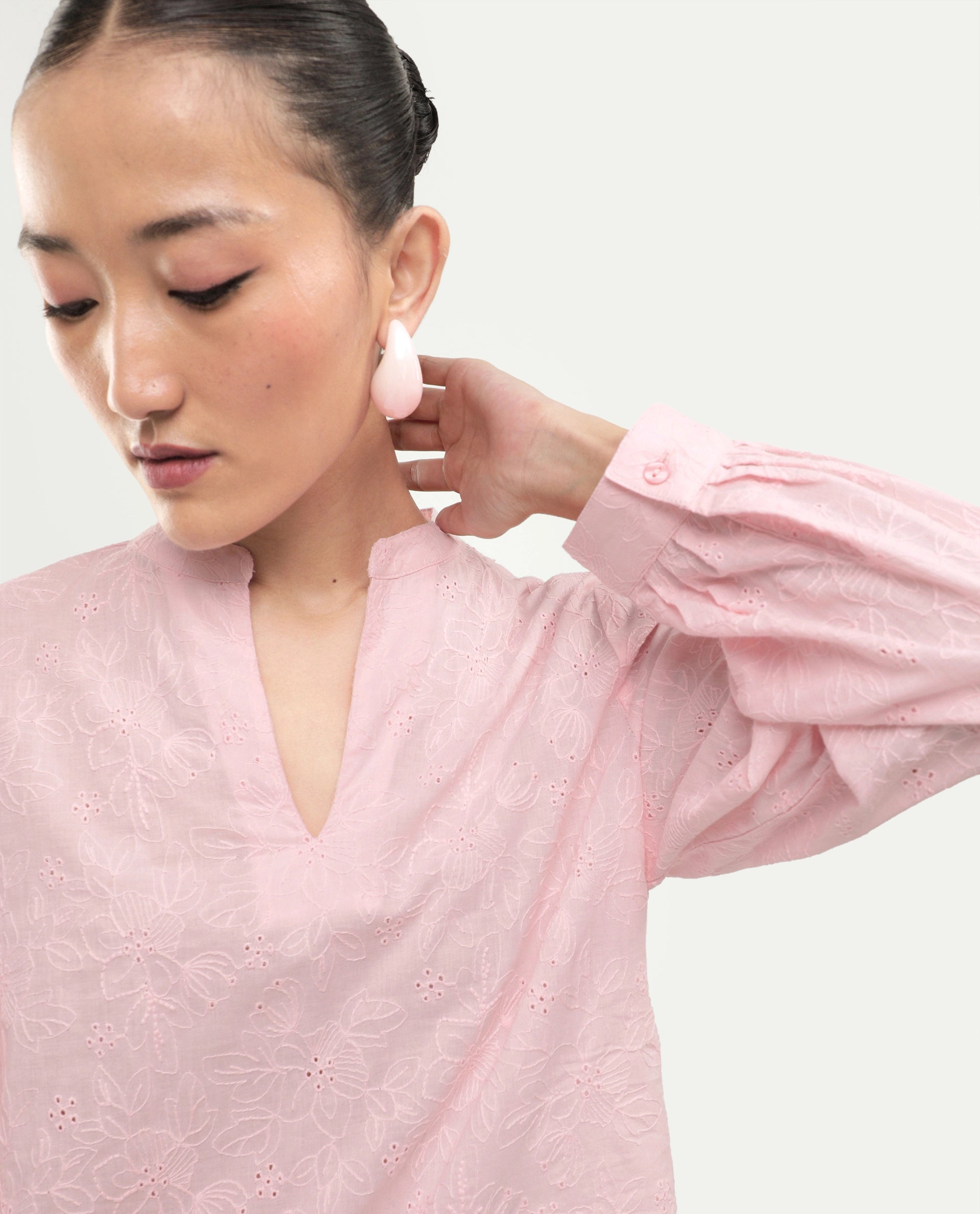Rareism Women's Rufo Pastel Pink Cotton Full Sleeve Band Collar Regular Fit Top