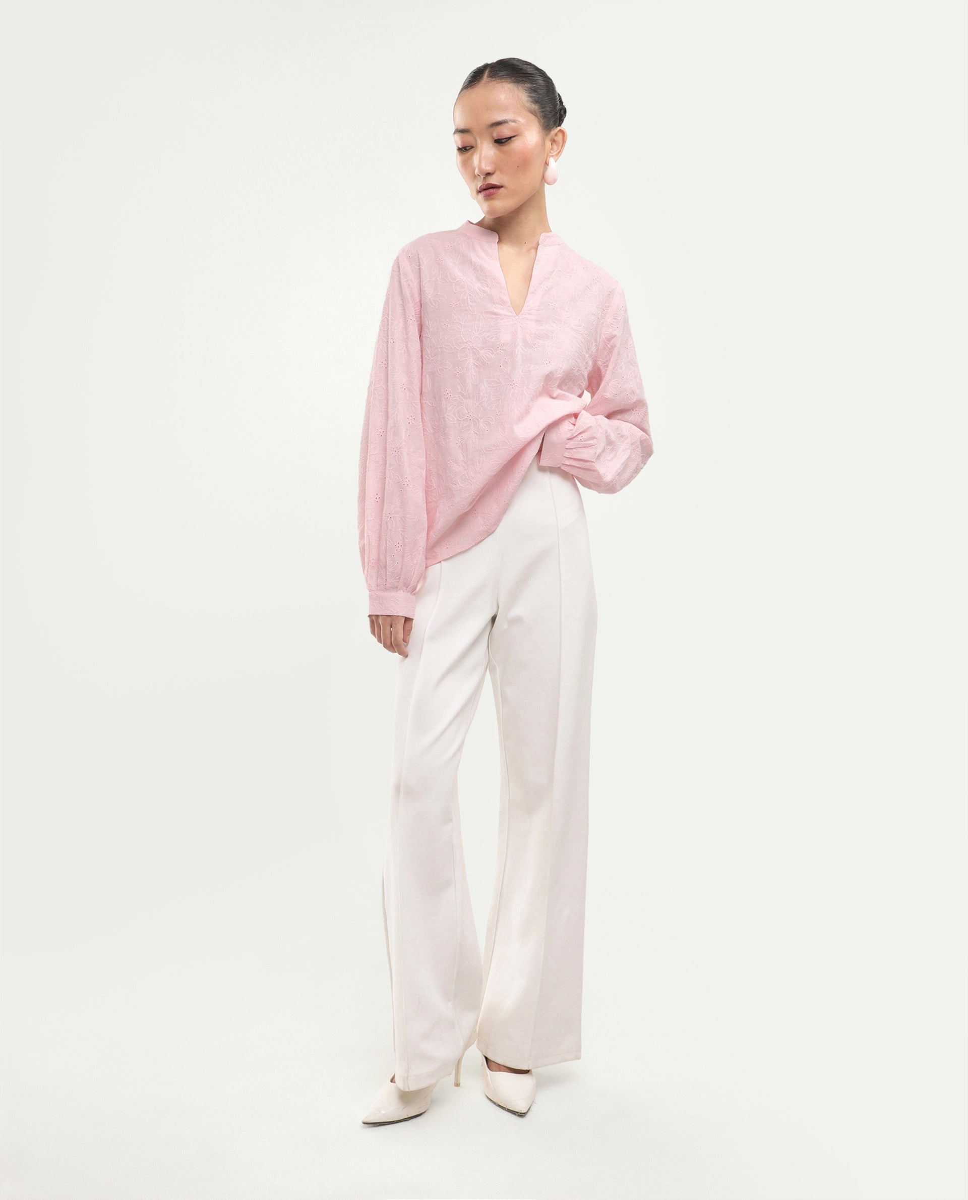 Rareism Women's Rufo Pastel Pink Cotton Full Sleeve Band Collar Regular Fit Top