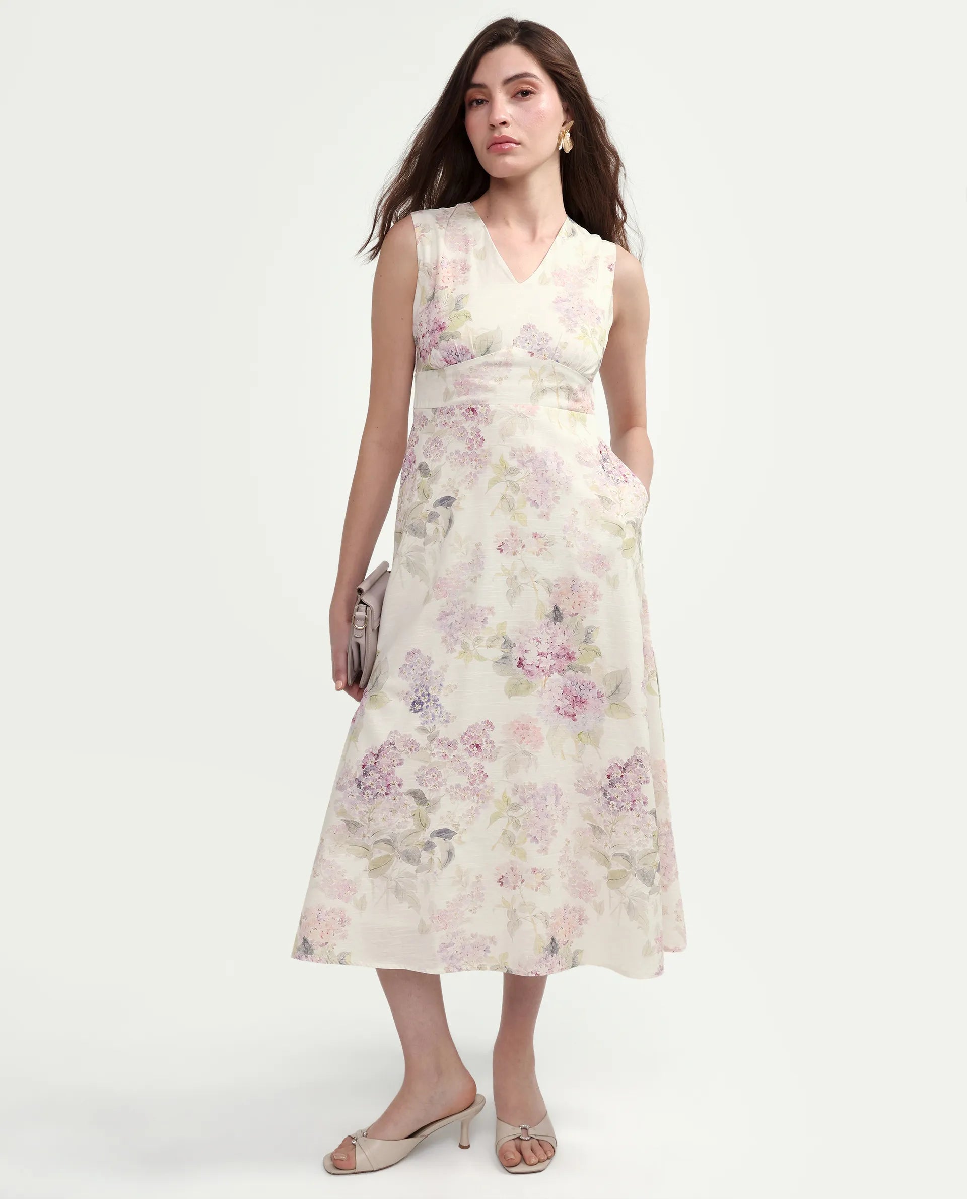 Rareism Women's Rugo Light Beige Cotton V-Neck A-Line Floral Print Dress