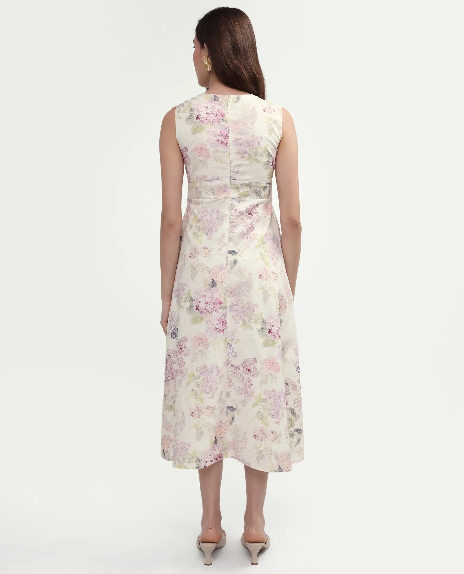 Rareism Women's Rugo Light Beige Cotton V-Neck A-Line Floral Print Dress