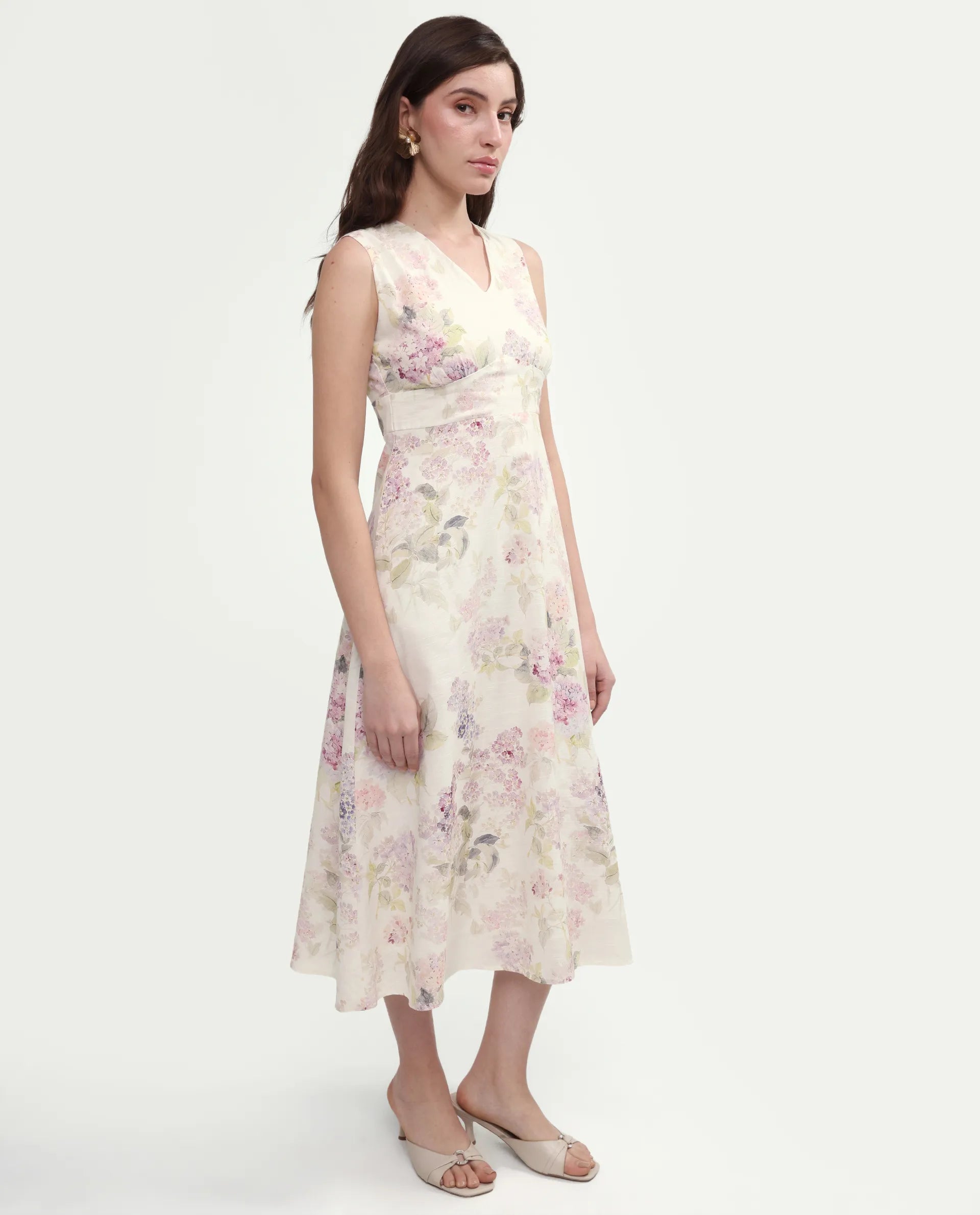 Rareism Women's Rugo Light Beige Cotton V-Neck A-Line Floral Print Dress