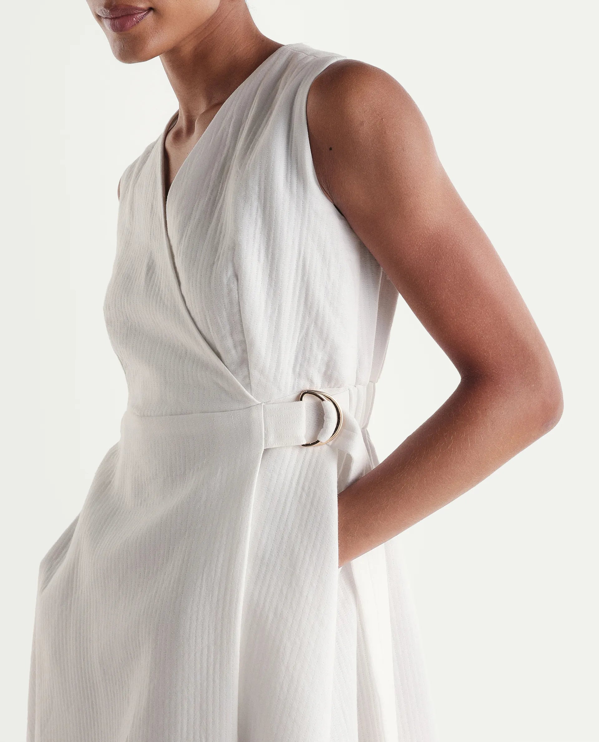 Rareism Women's Rulet Primary Beige Cotton Sleeveless V-Neck A-Line Plain Dress