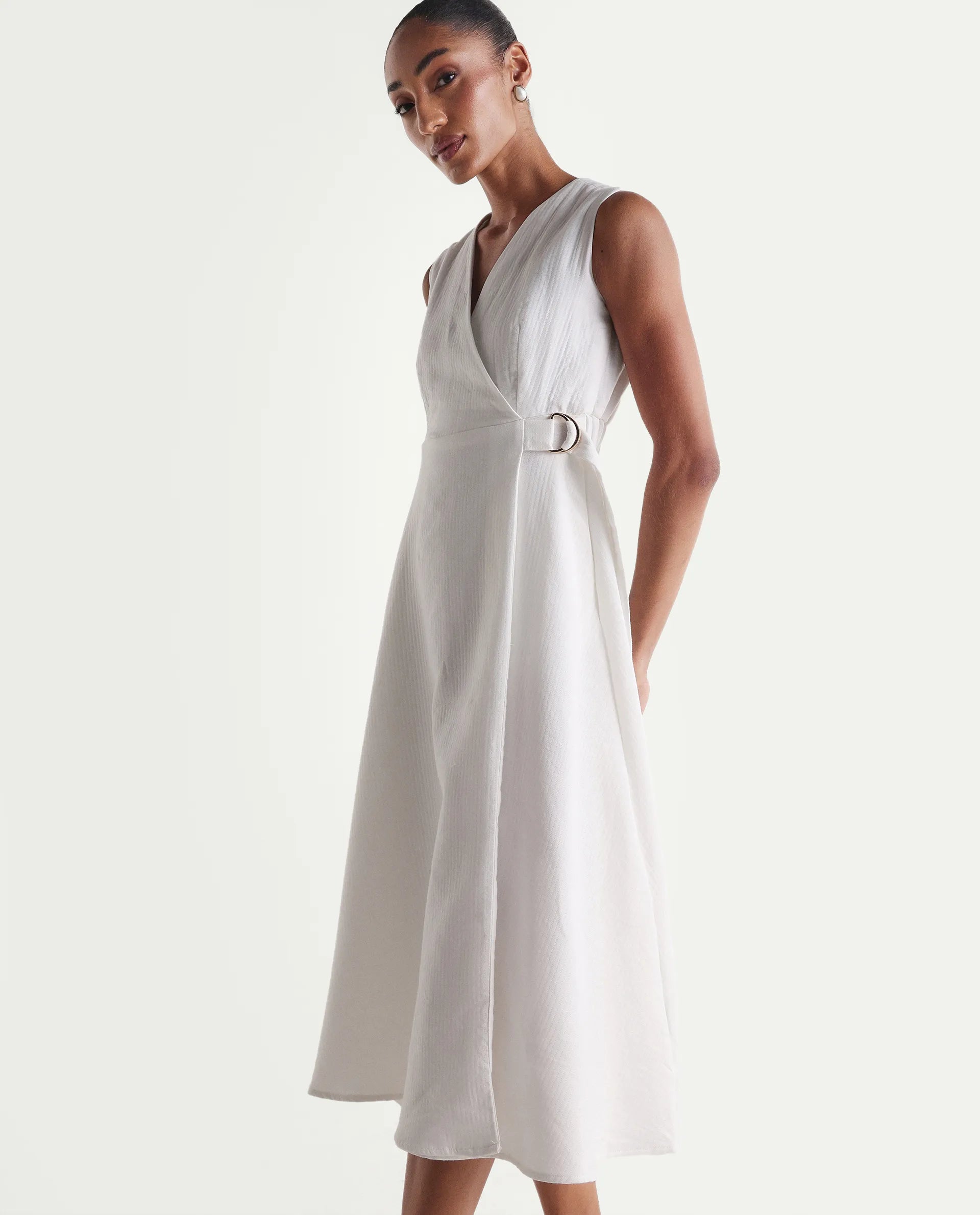Rareism Women's Rulet Primary Beige Cotton Sleeveless V-Neck A-Line Plain Dress