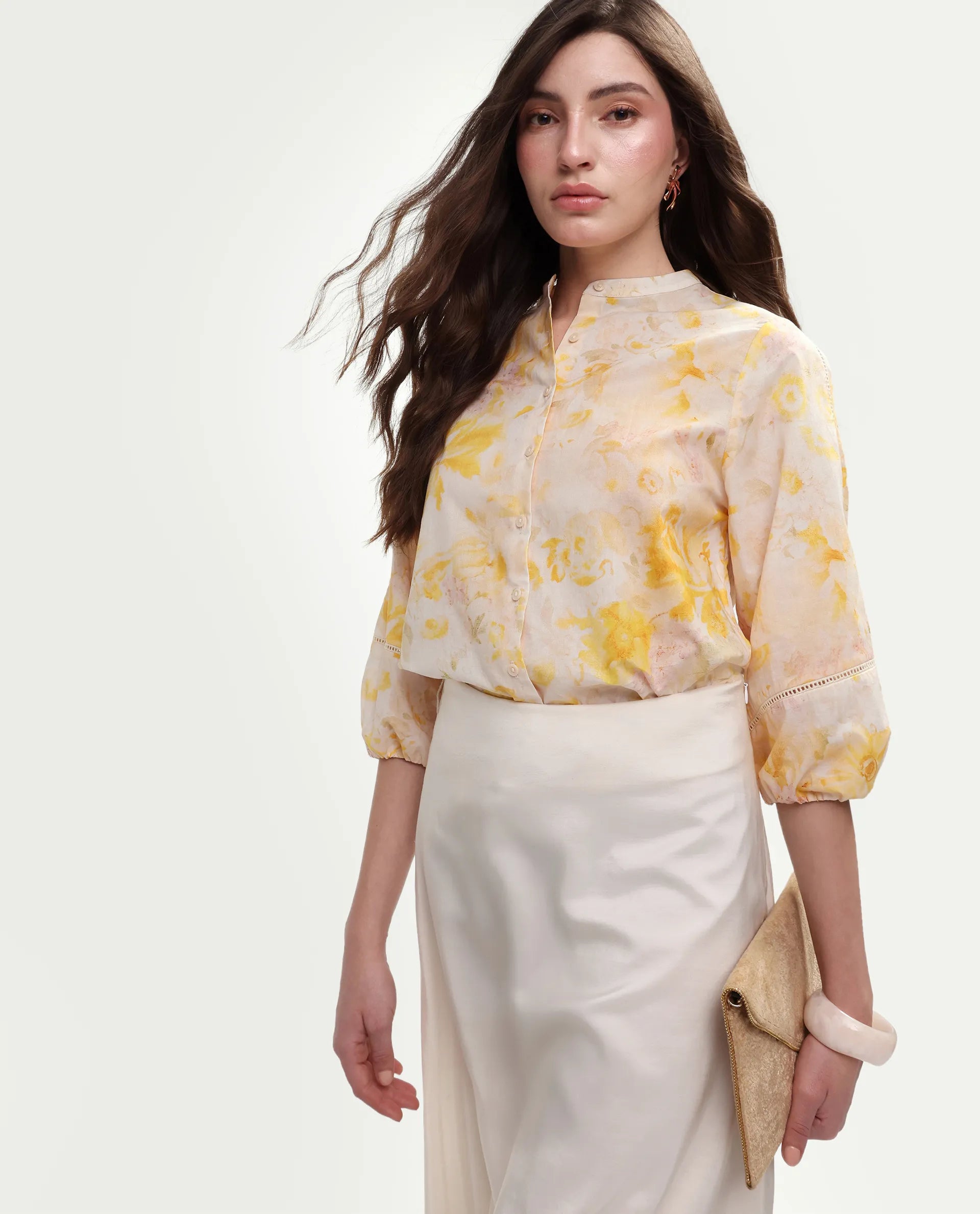 Rareism Women's Runes Yellow Cotton Band Collar Regular Floral Print Top