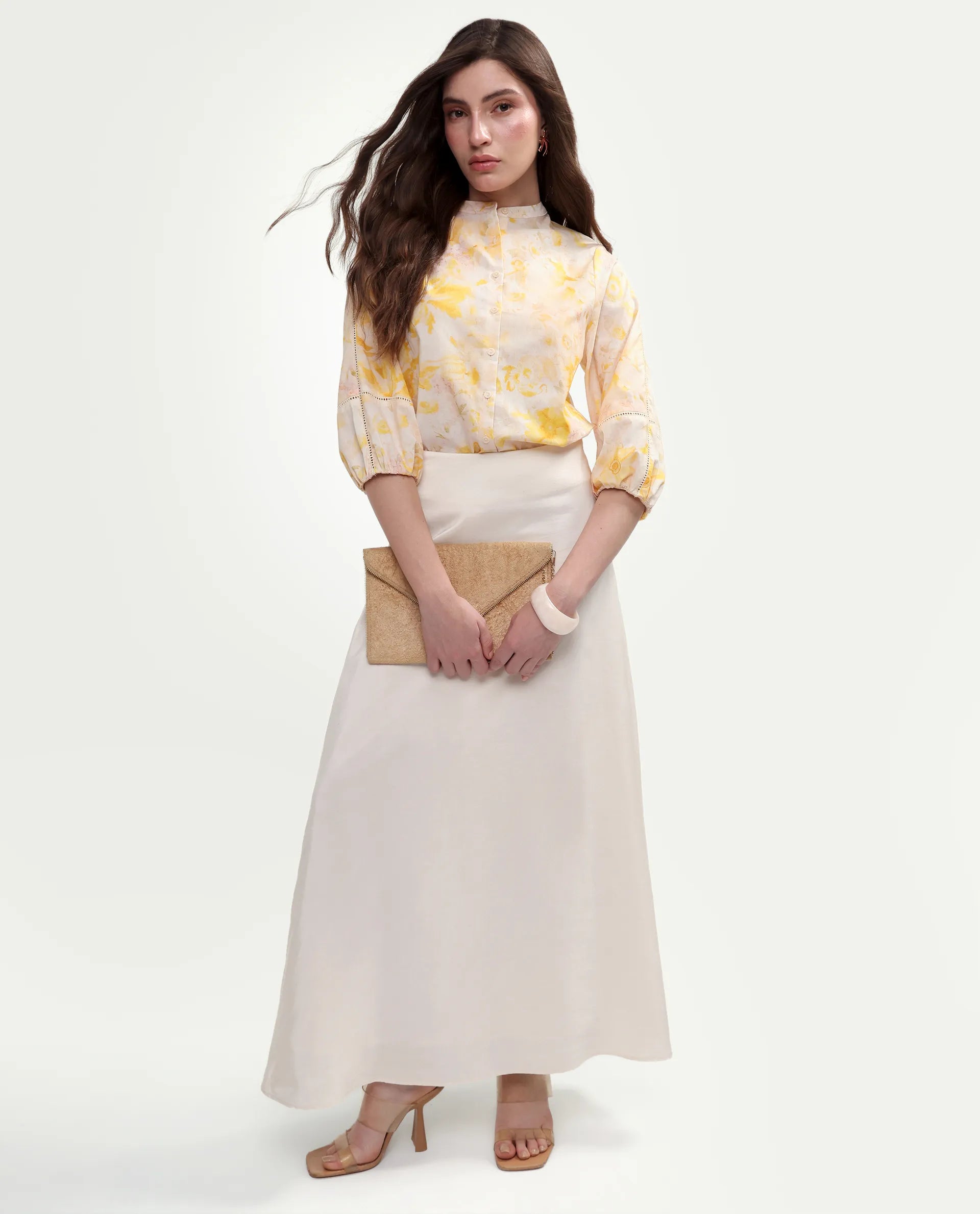 Rareism Women's Runes Yellow Cotton Band Collar Regular Floral Print Top