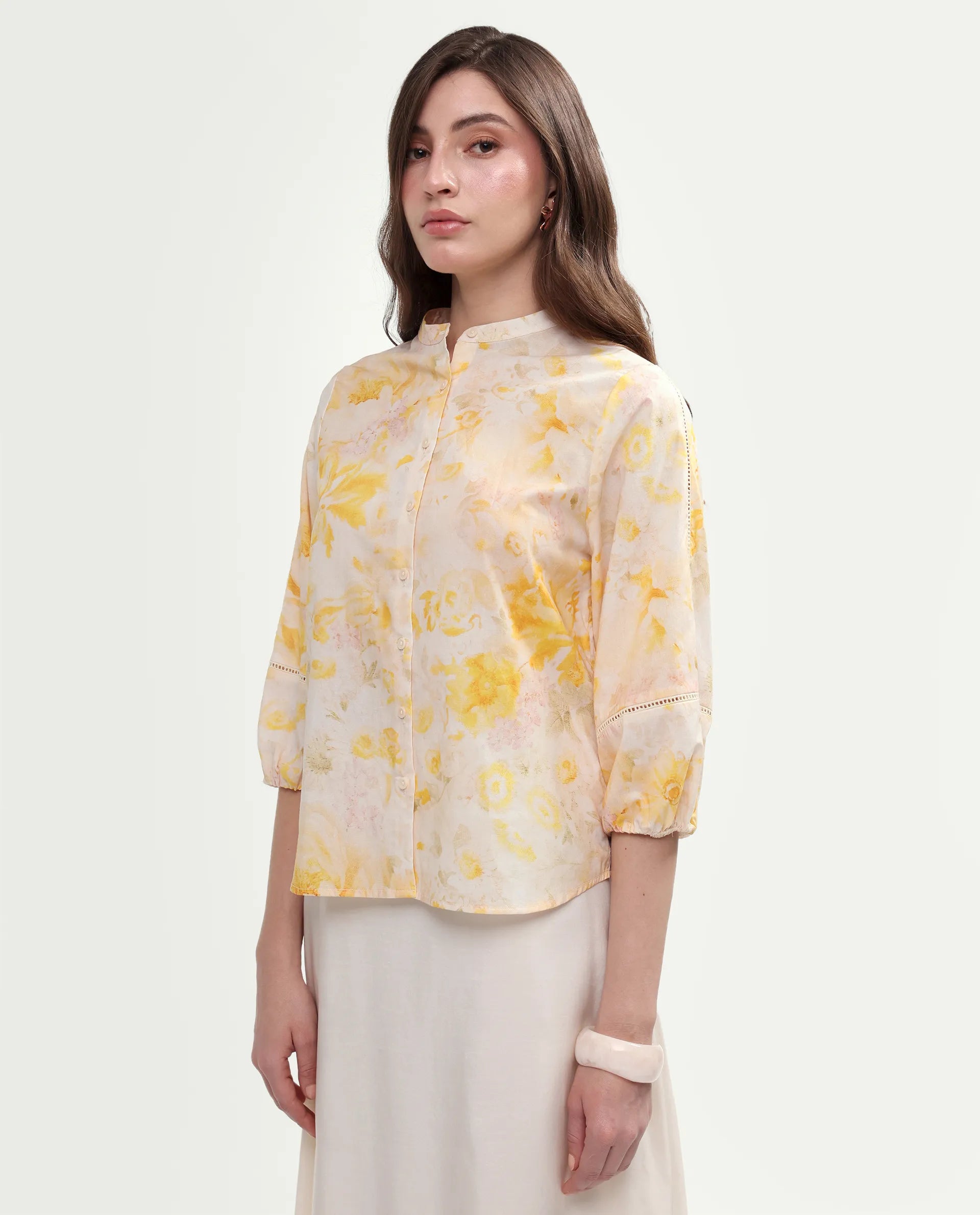 Rareism Women's Runes Yellow Cotton Band Collar Regular Floral Print Top
