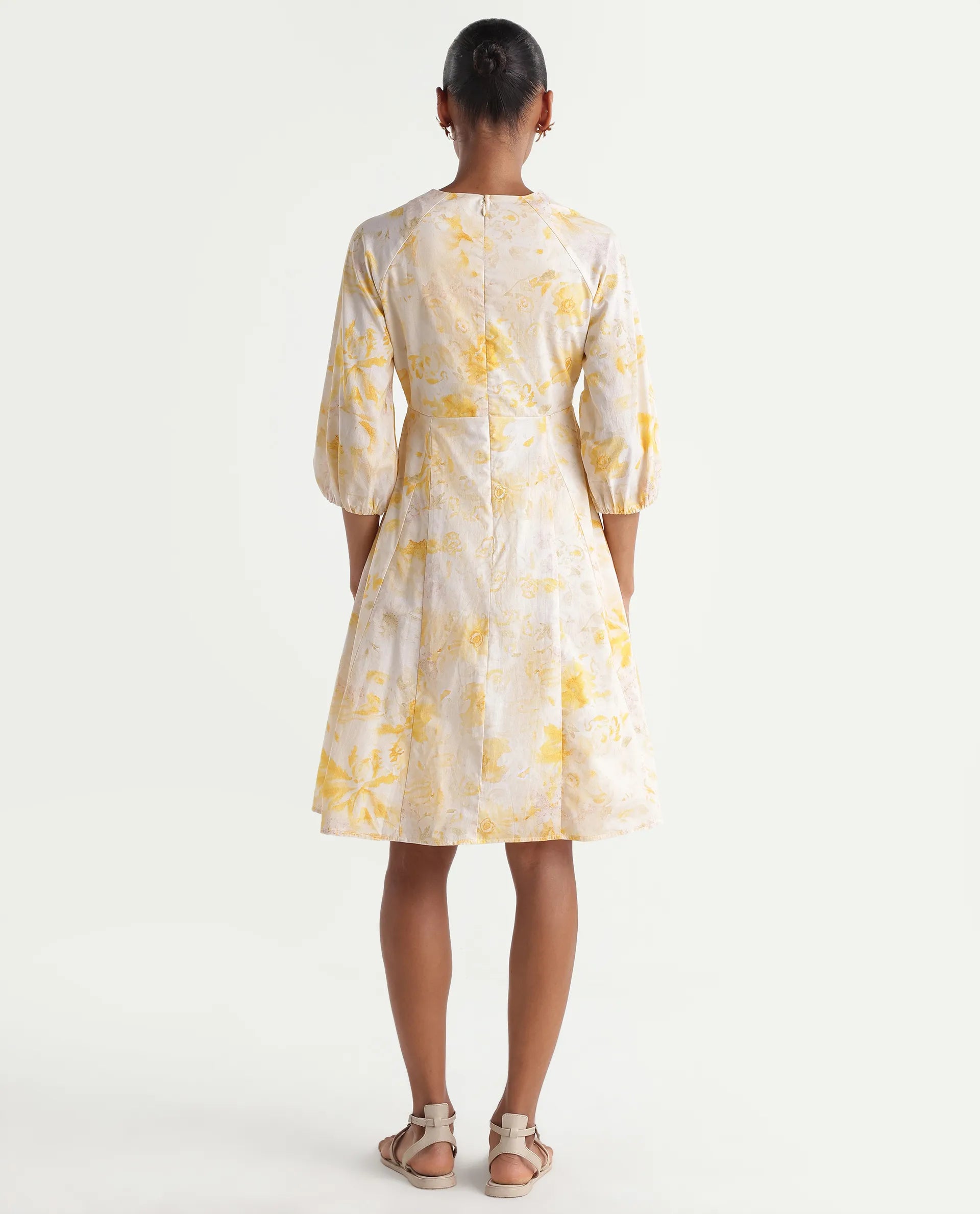Rareism Women's Runet Yellow Cotton Fabric V-Neck Fit And Flare Floral Print Dress
