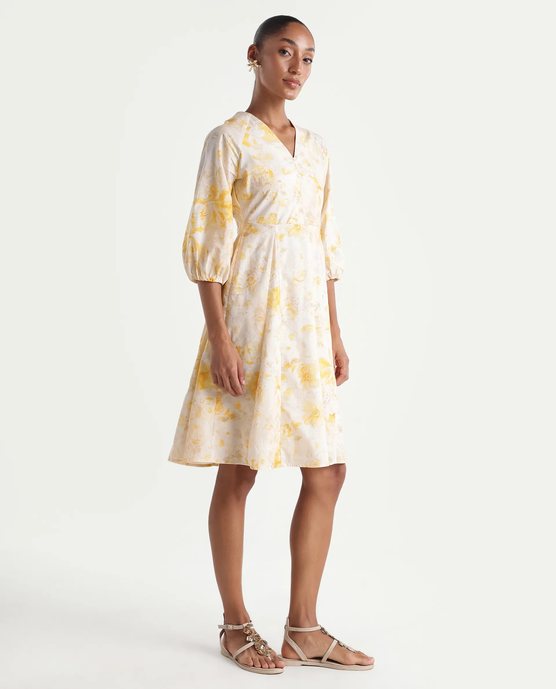 Rareism Women's Runet Yellow Cotton Fabric V-Neck Fit And Flare Floral Print Dress