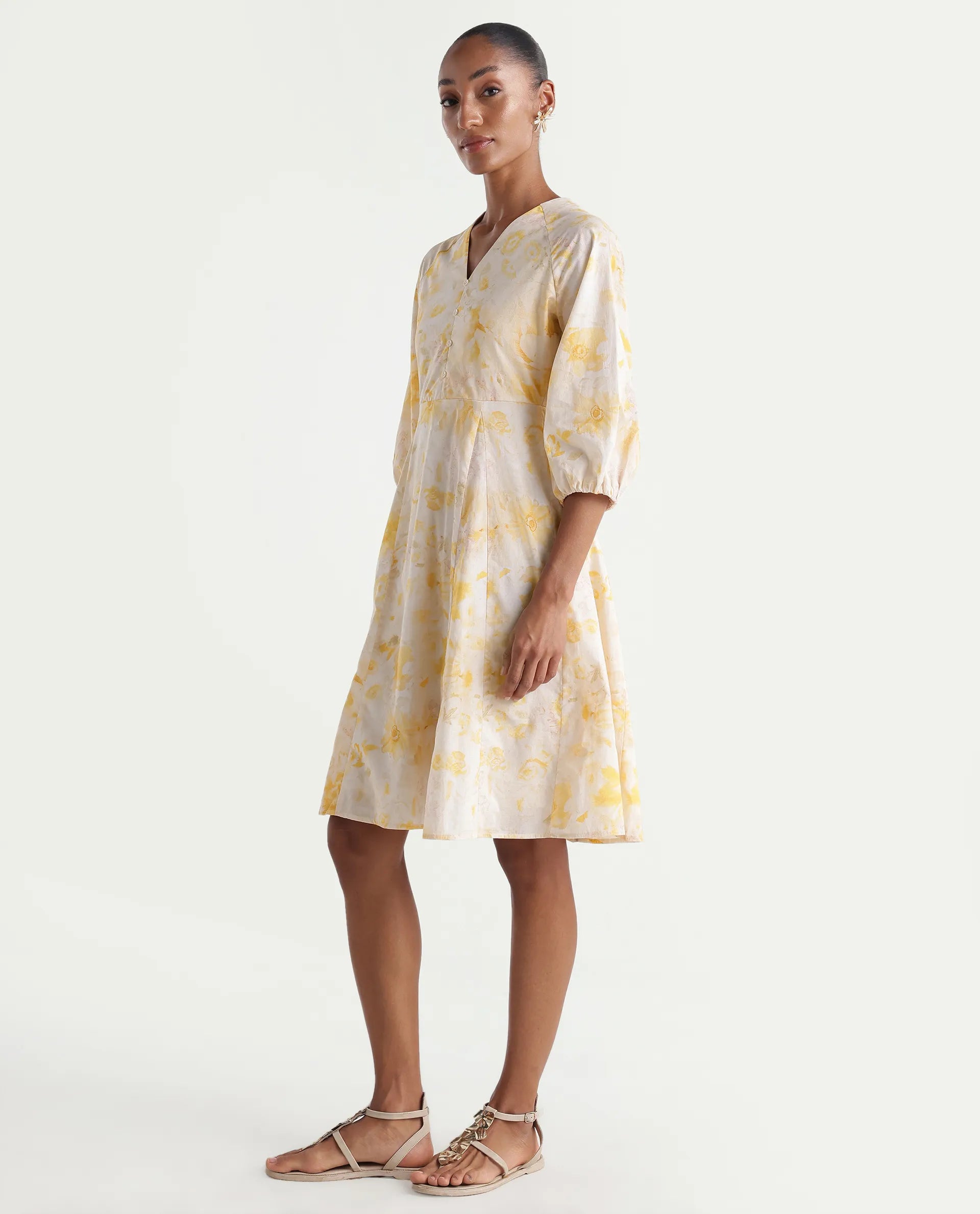 Rareism Women's Runet Yellow Cotton Fabric V-Neck Fit And Flare Floral Print Dress
