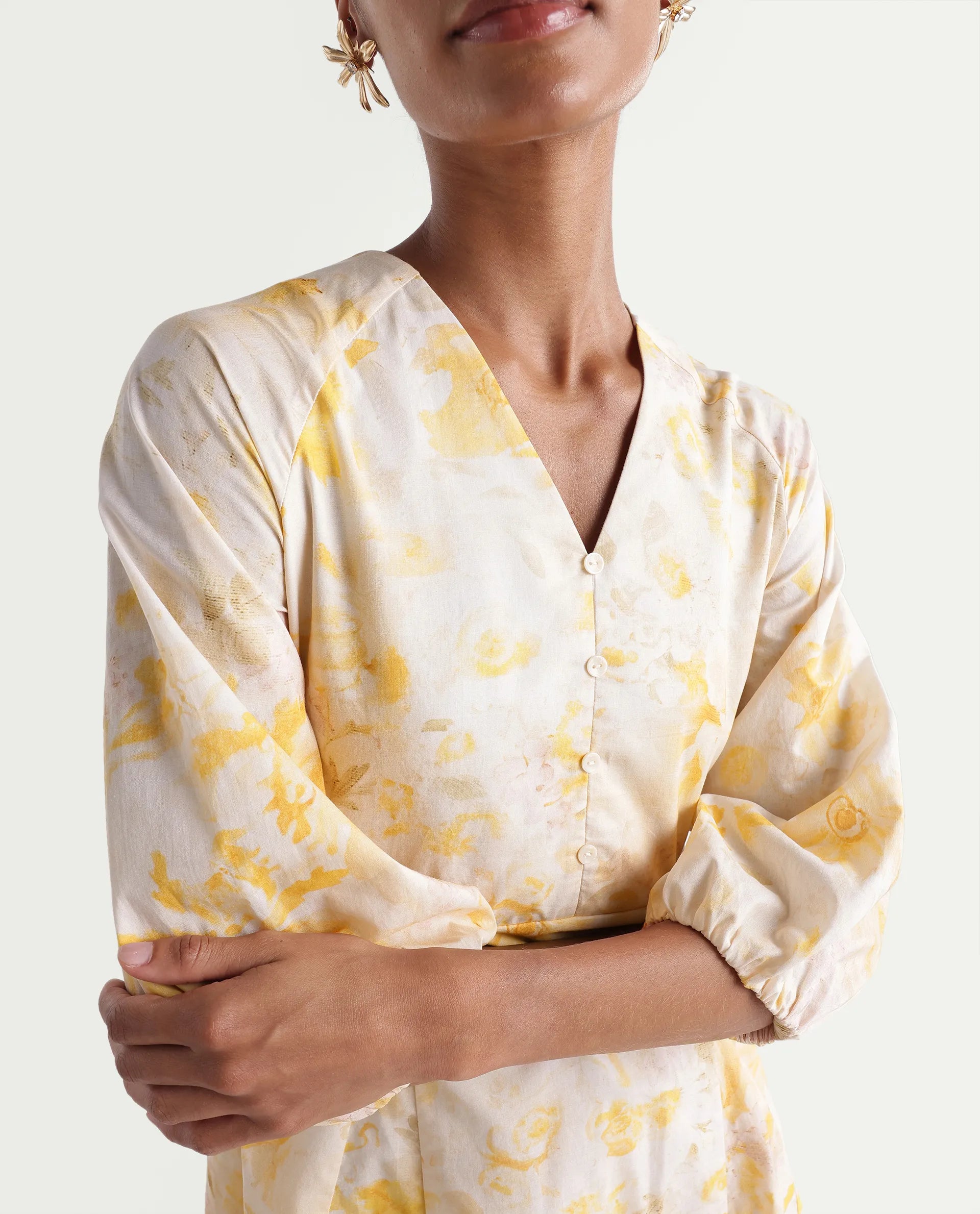 Rareism Women's Runet Yellow Cotton Fabric V-Neck Fit And Flare Floral Print Dress