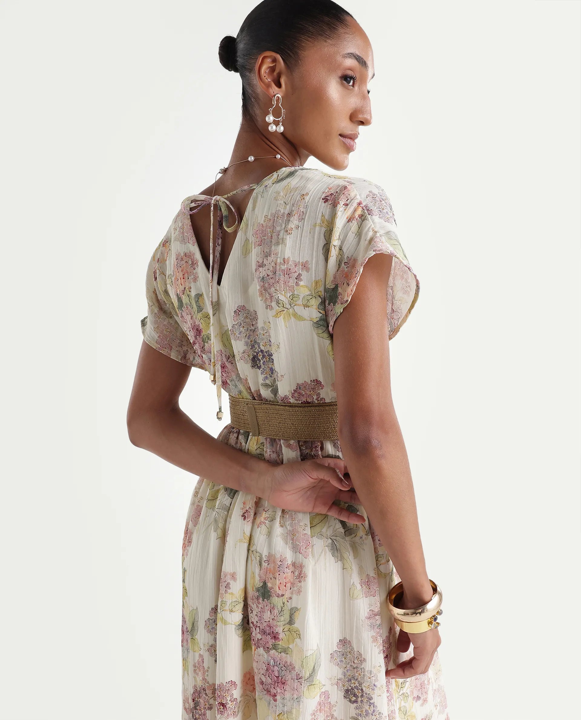 Rareism Women's Runim Light Beige Polyester V-Neck Fit And Flare Floral Print Dress