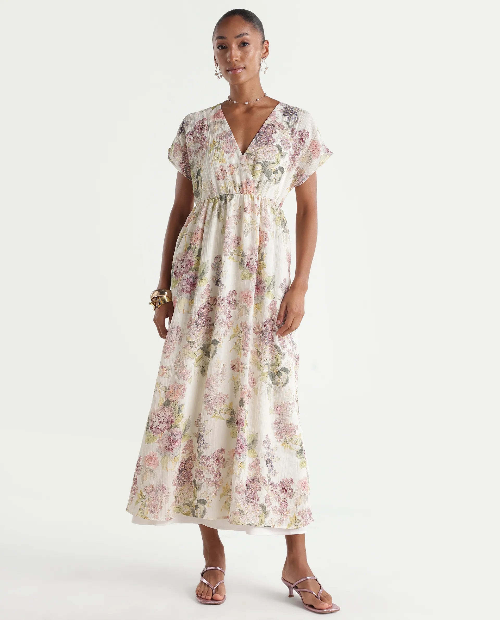 Rareism Women's Runim Light Beige Polyester V-Neck Fit And Flare Floral Print Dress