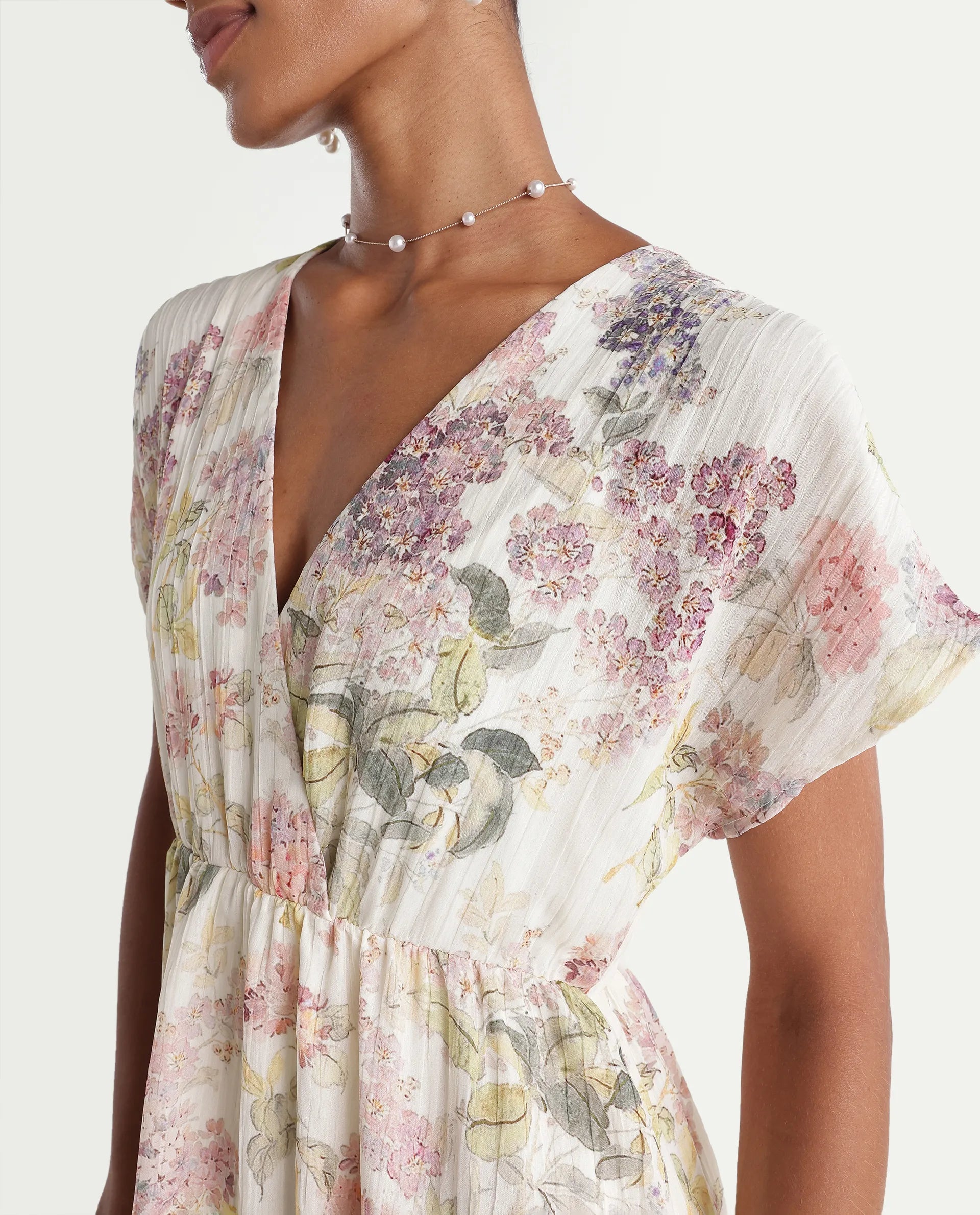 Rareism Women's Runim Light Beige Polyester V-Neck Fit And Flare Floral Print Dress