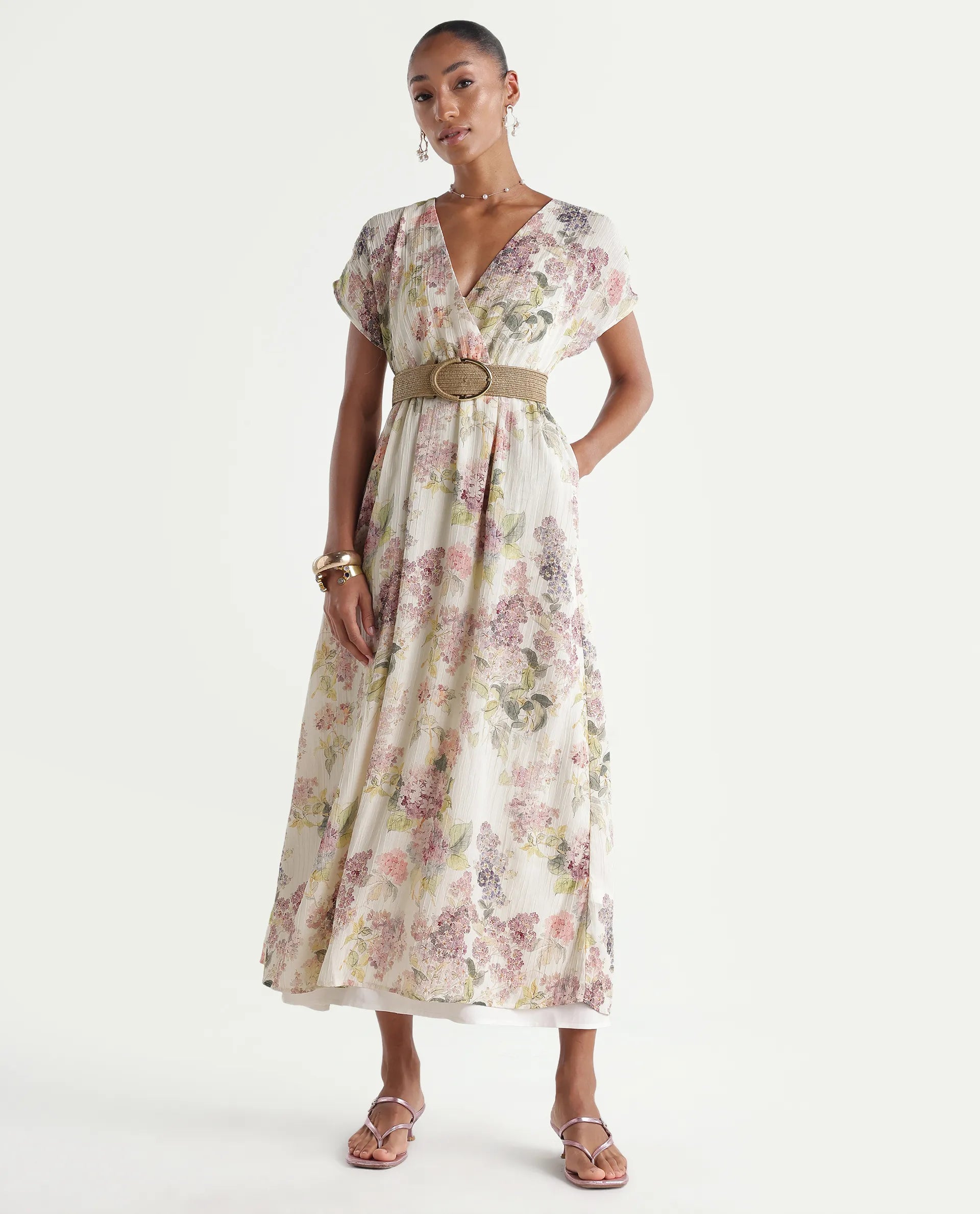 Rareism Women's Runim Light Beige Polyester V-Neck Fit And Flare Floral Print Dress