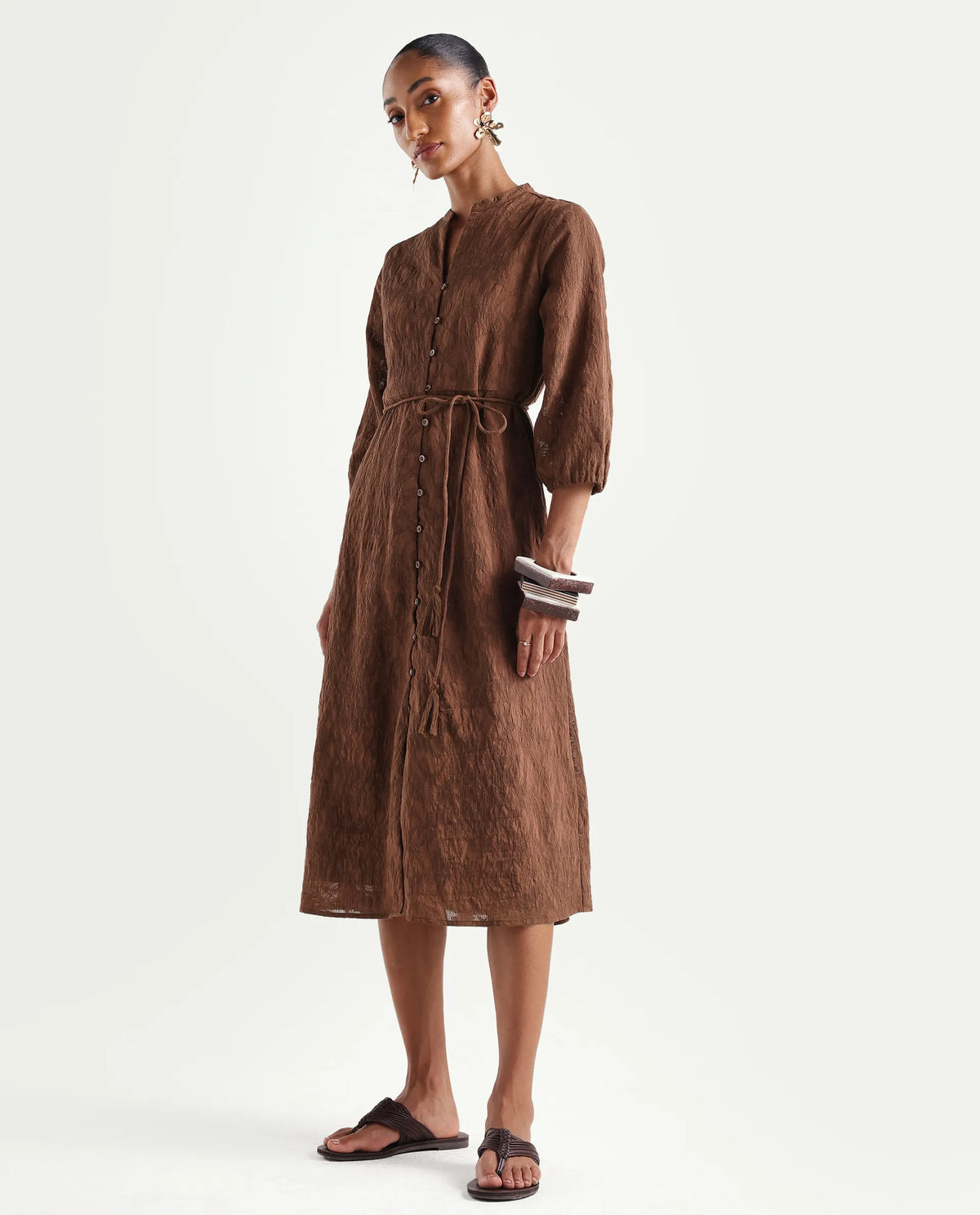 Rareism Women's Runol Brown Viscose Blend Band Collar A-Line Jacquard Dress