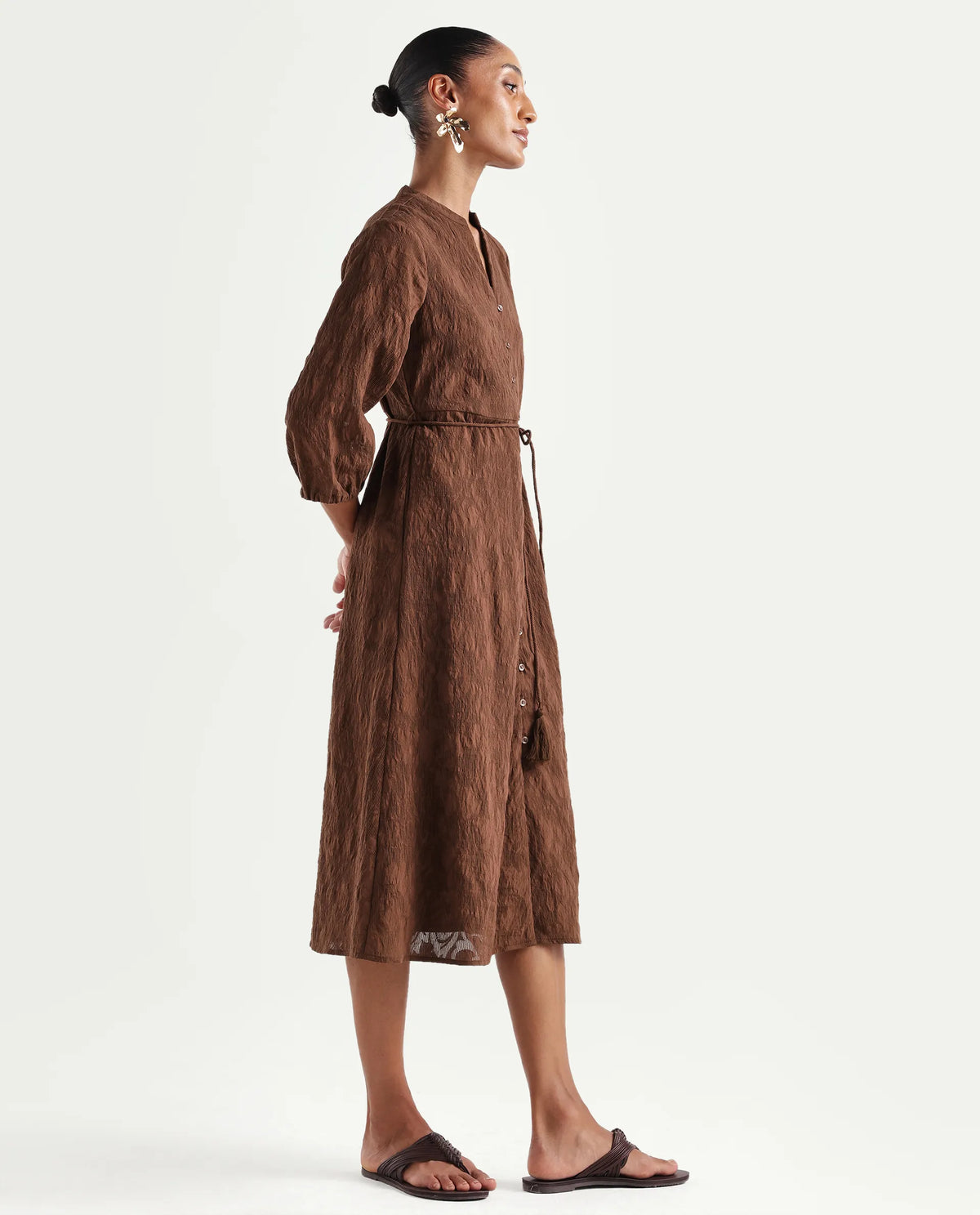 Rareism Women's Runol Brown Viscose Blend Band Collar A-Line Jacquard Dress