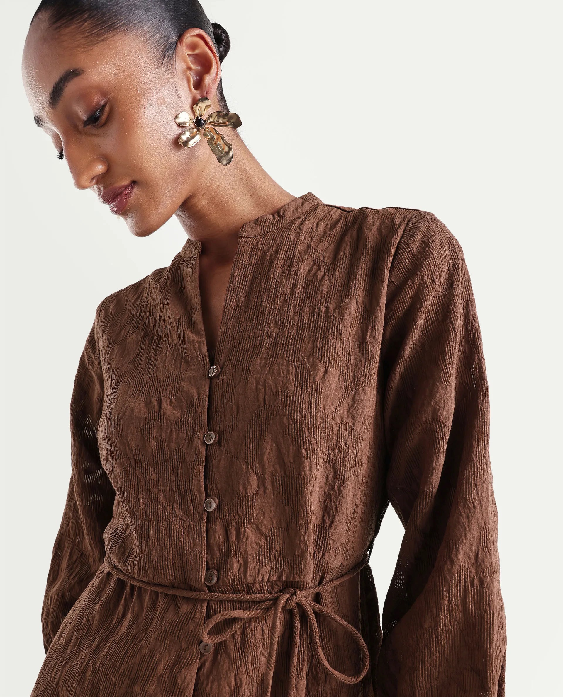 Rareism Women's Runol Brown Viscose Blend Band Collar A-Line Jacquard Dress
