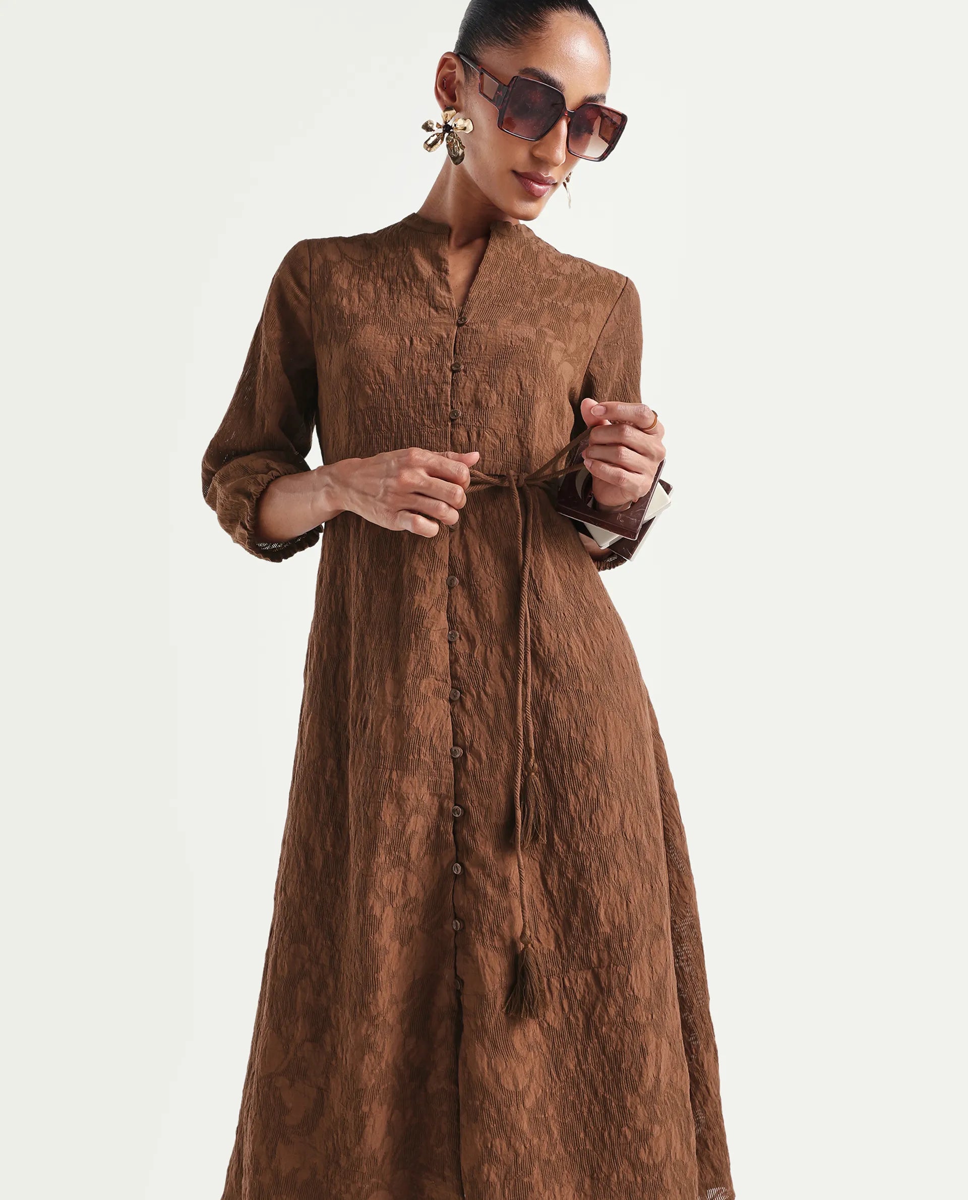 Rareism Women's Runol Brown Viscose Blend Band Collar A-Line Jacquard Dress