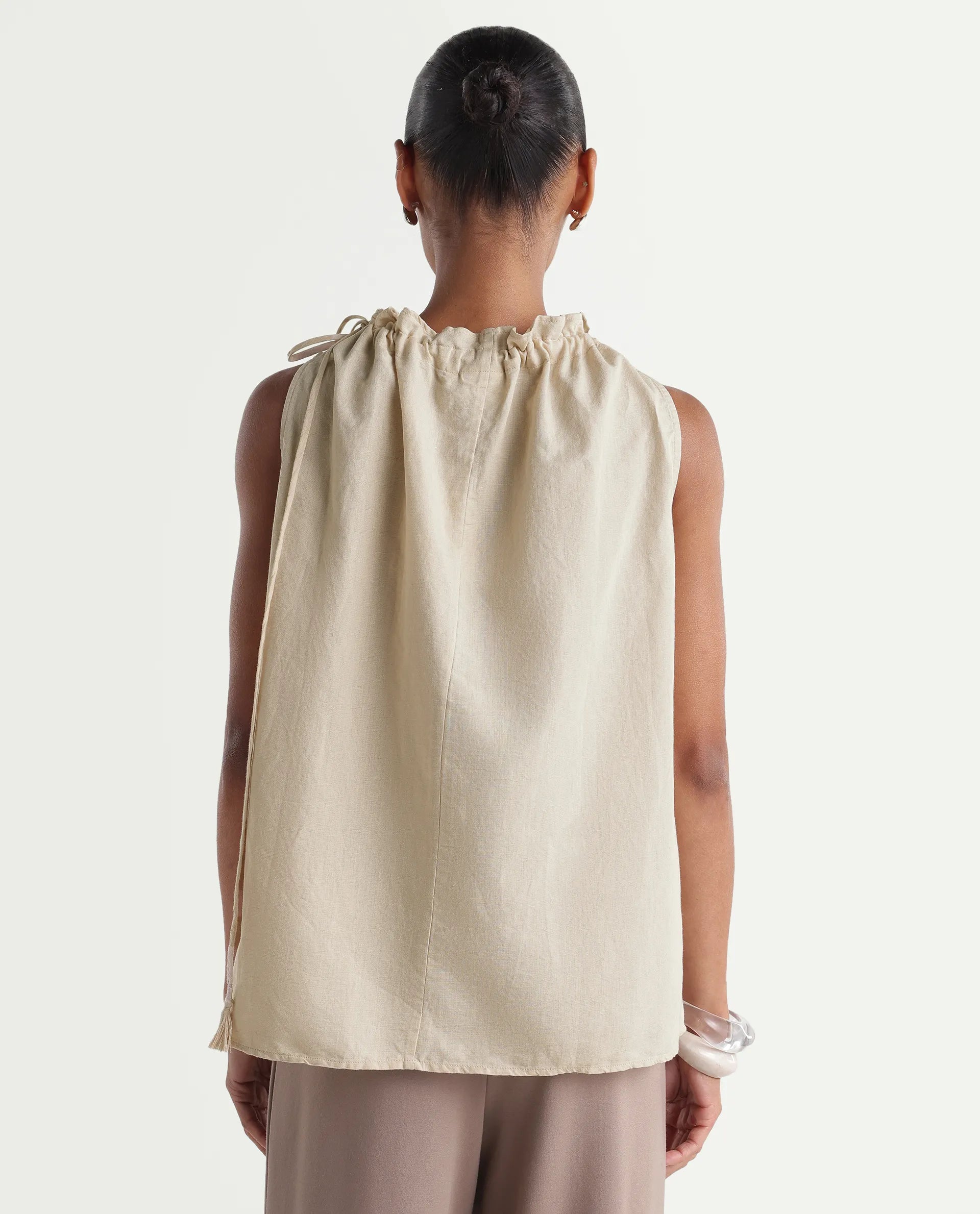 Rareism Women's Russo Beige Linen Blend Ruffled Neck Relaxed Plain Top
