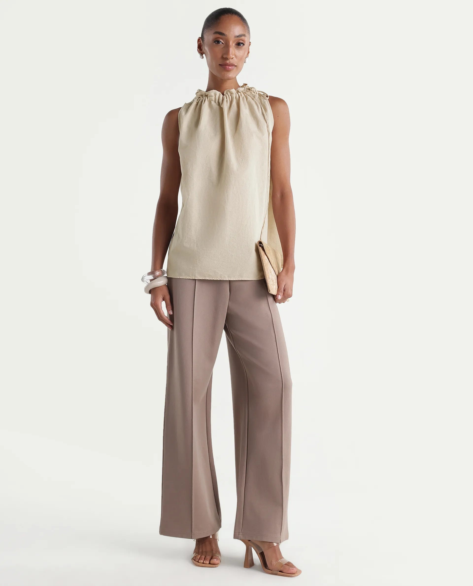 Rareism Women's Russo Beige Linen Blend Ruffled Neck Relaxed Plain Top