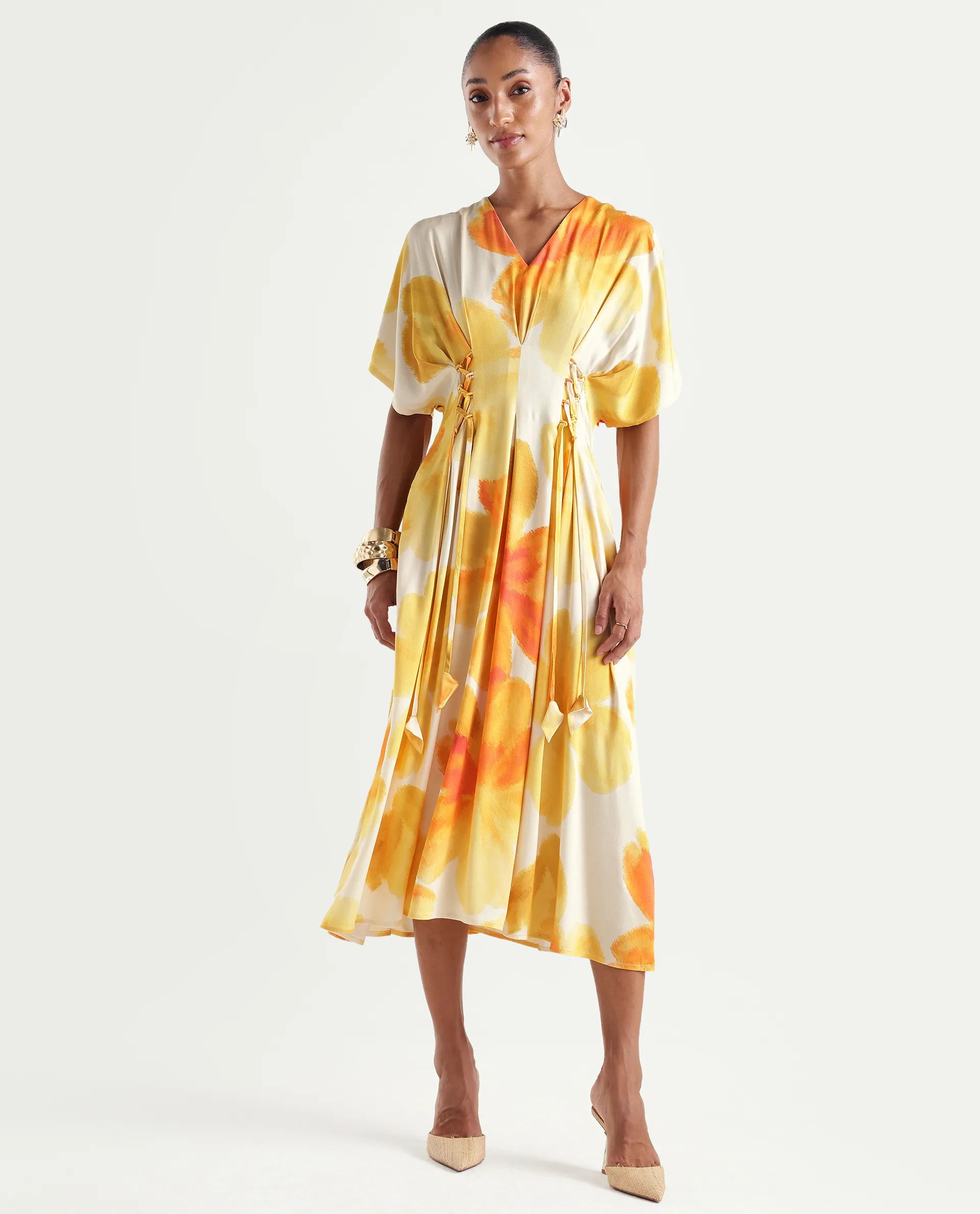 Rareism Women's Ruves Yellow Cotton Satin V-Neck Fit And Flare Floral Print Dress