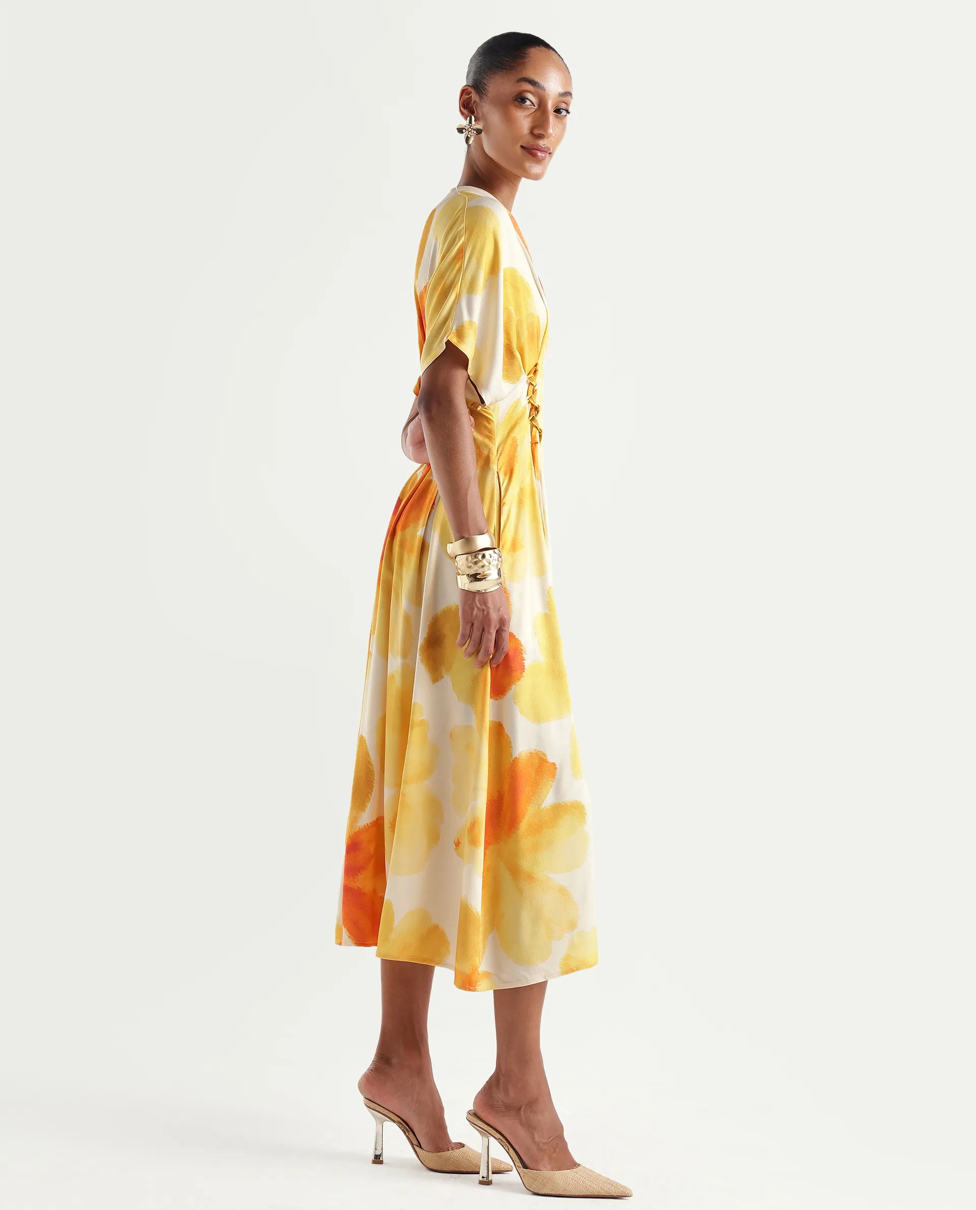 Rareism Women's Ruves Yellow Cotton Satin V-Neck Fit And Flare Floral Print Dress