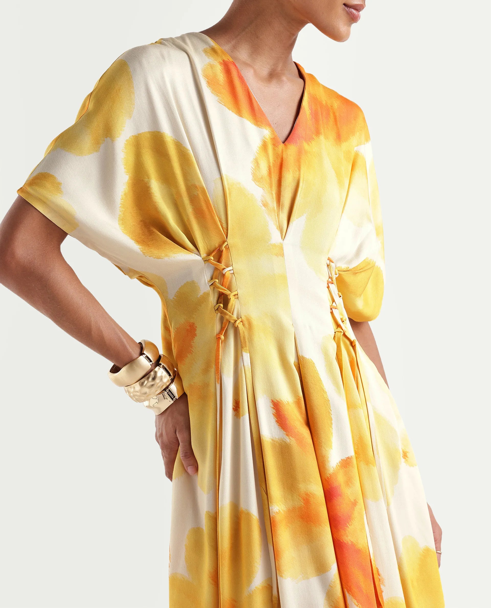 Rareism Women's Ruves Yellow Cotton Satin V-Neck Fit And Flare Floral Print Dress