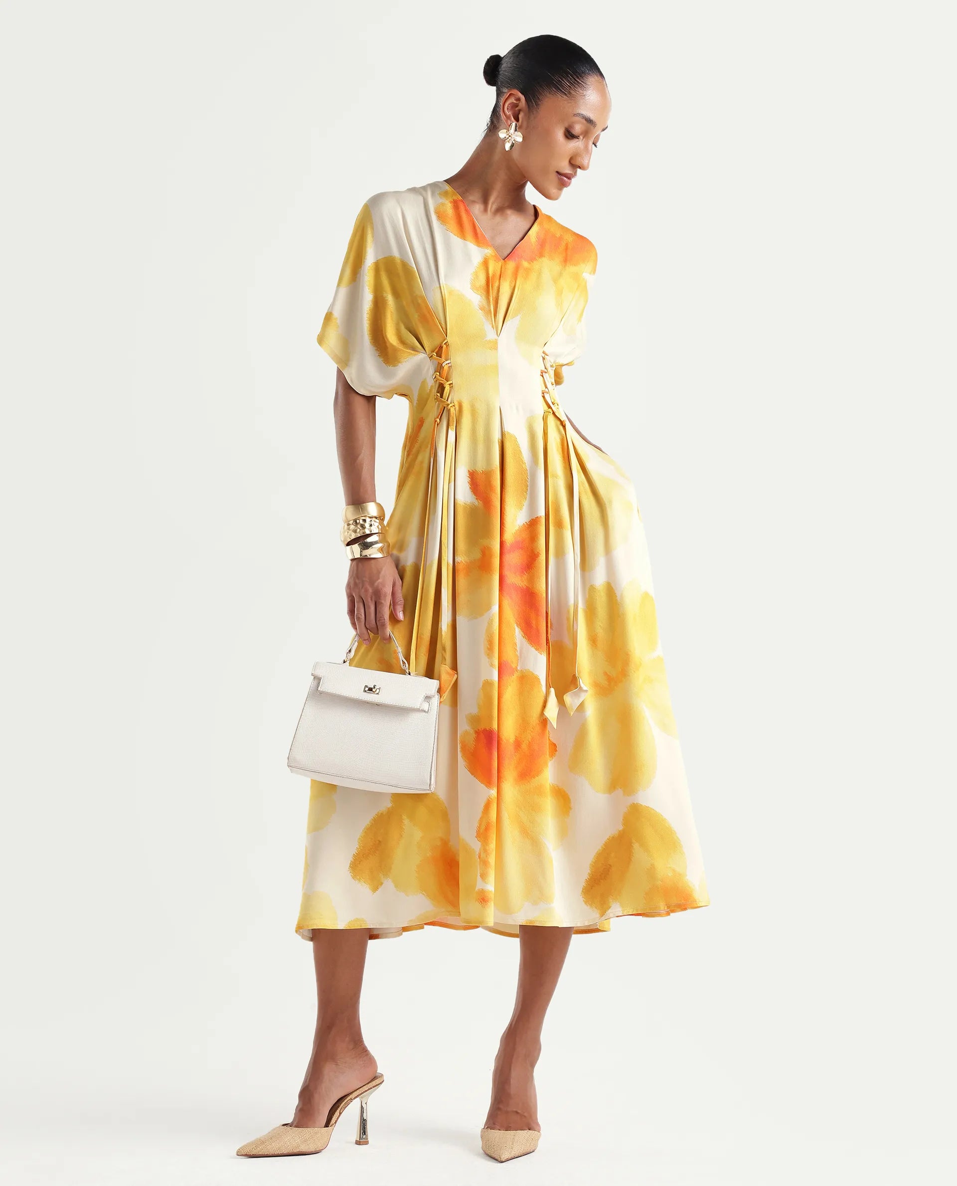 Rareism Women's Ruves Yellow Cotton Satin V-Neck Fit And Flare Floral Print Dress