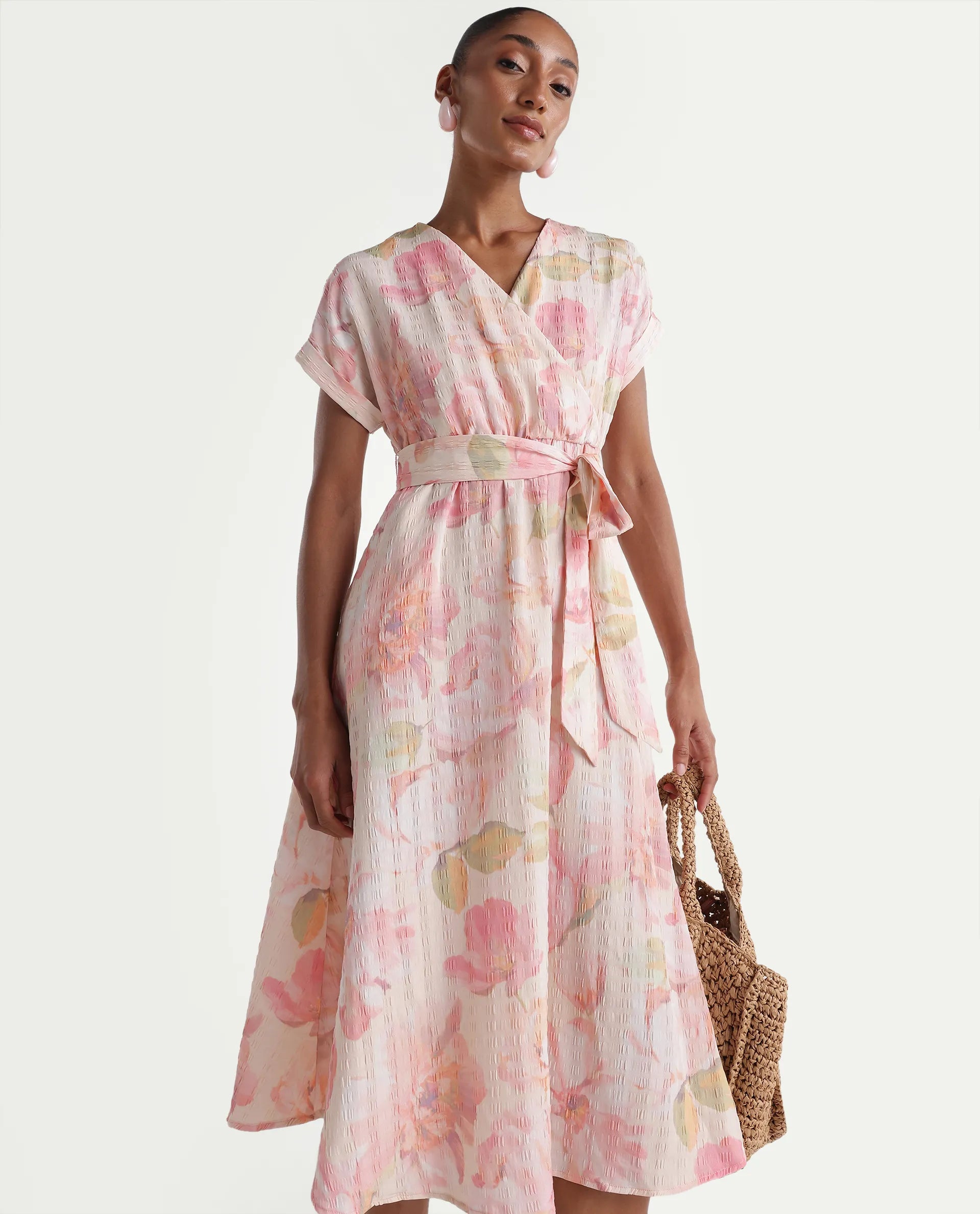 Rareism Women's Valno Light Multi Polyester Fabric Over Lap Flared Floral Print Dress