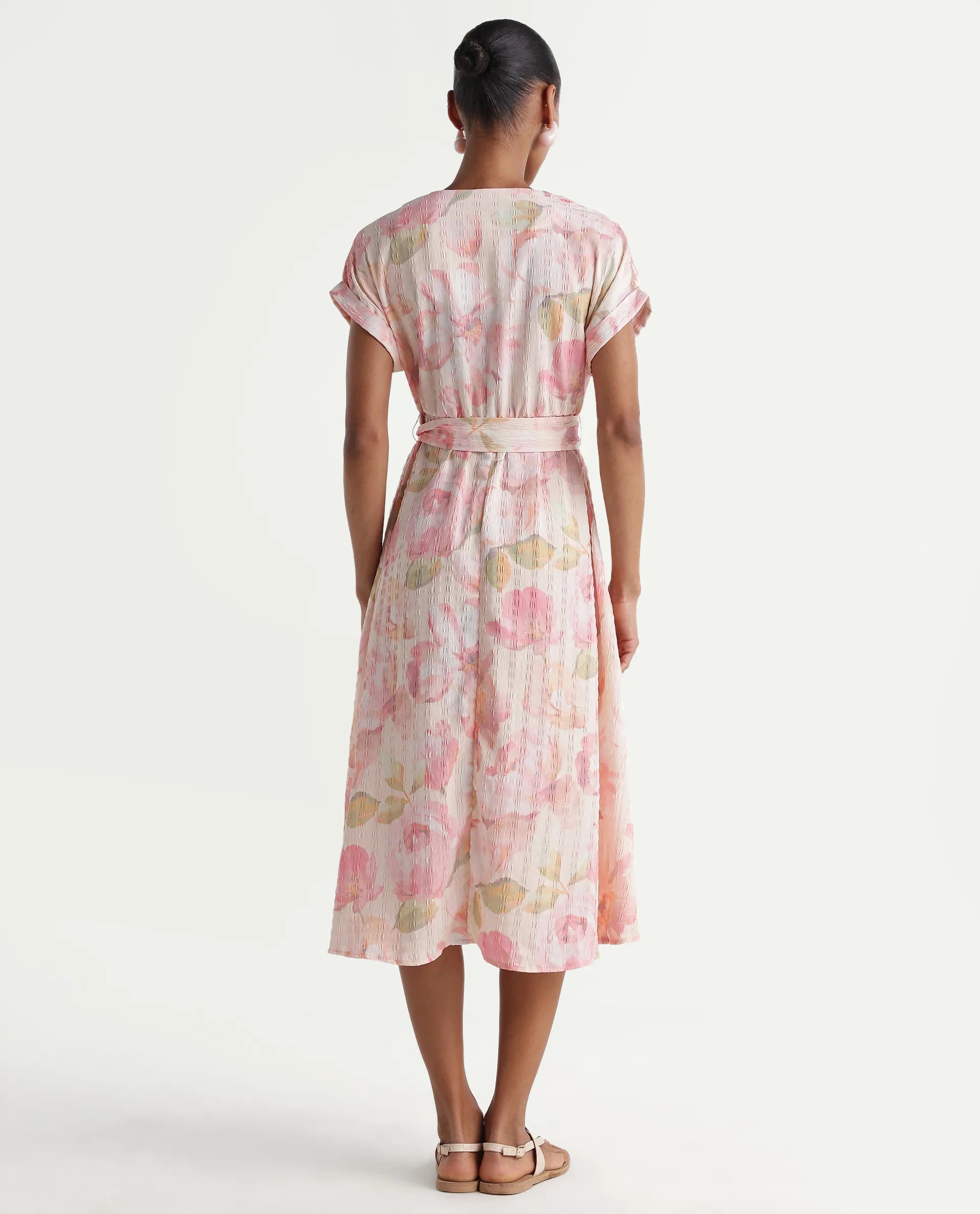 Rareism Women's Valno Light Multi Polyester Fabric Over Lap Flared Floral Print Dress