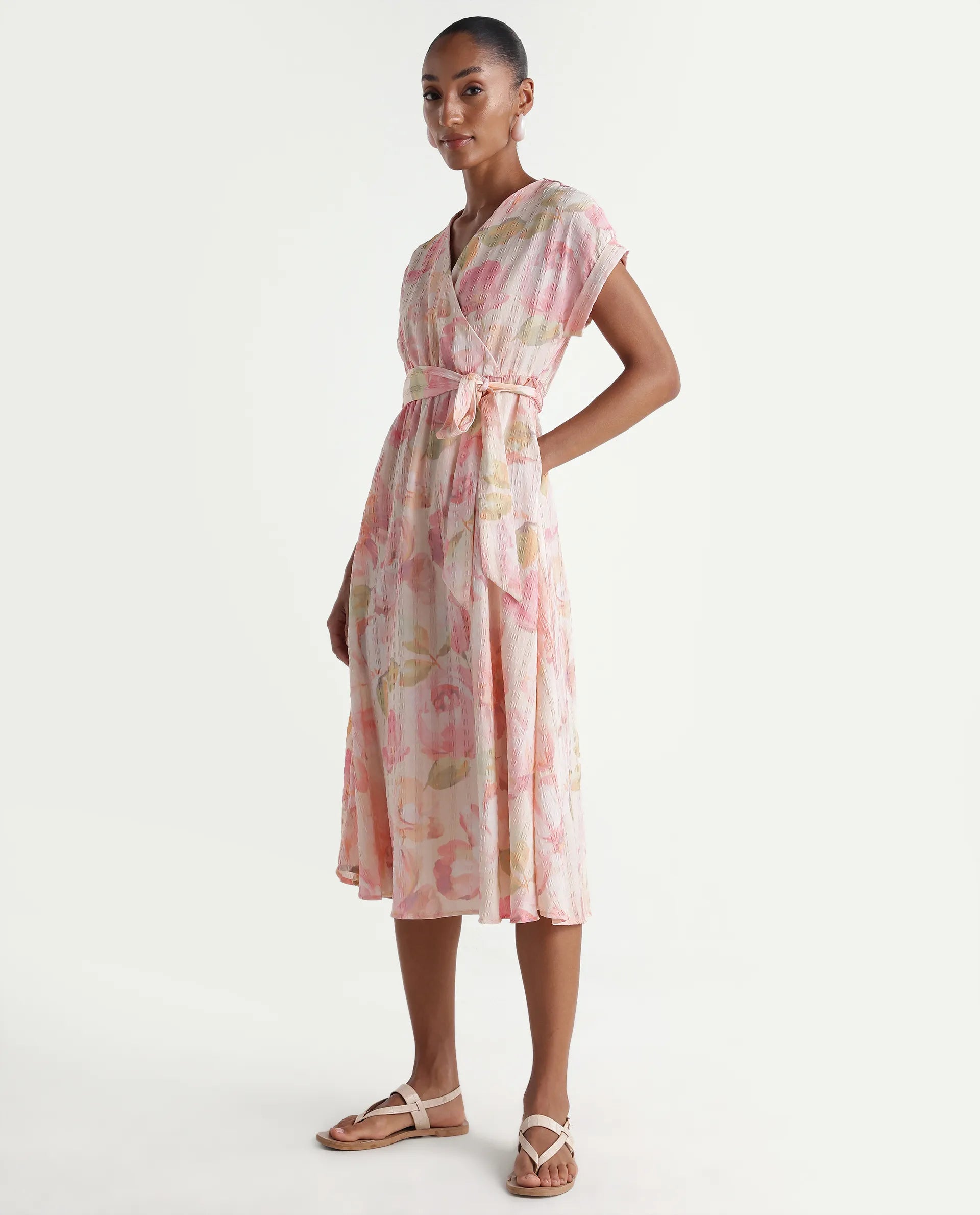 Rareism Women's Valno Light Multi Polyester Fabric Over Lap Flared Floral Print Dress