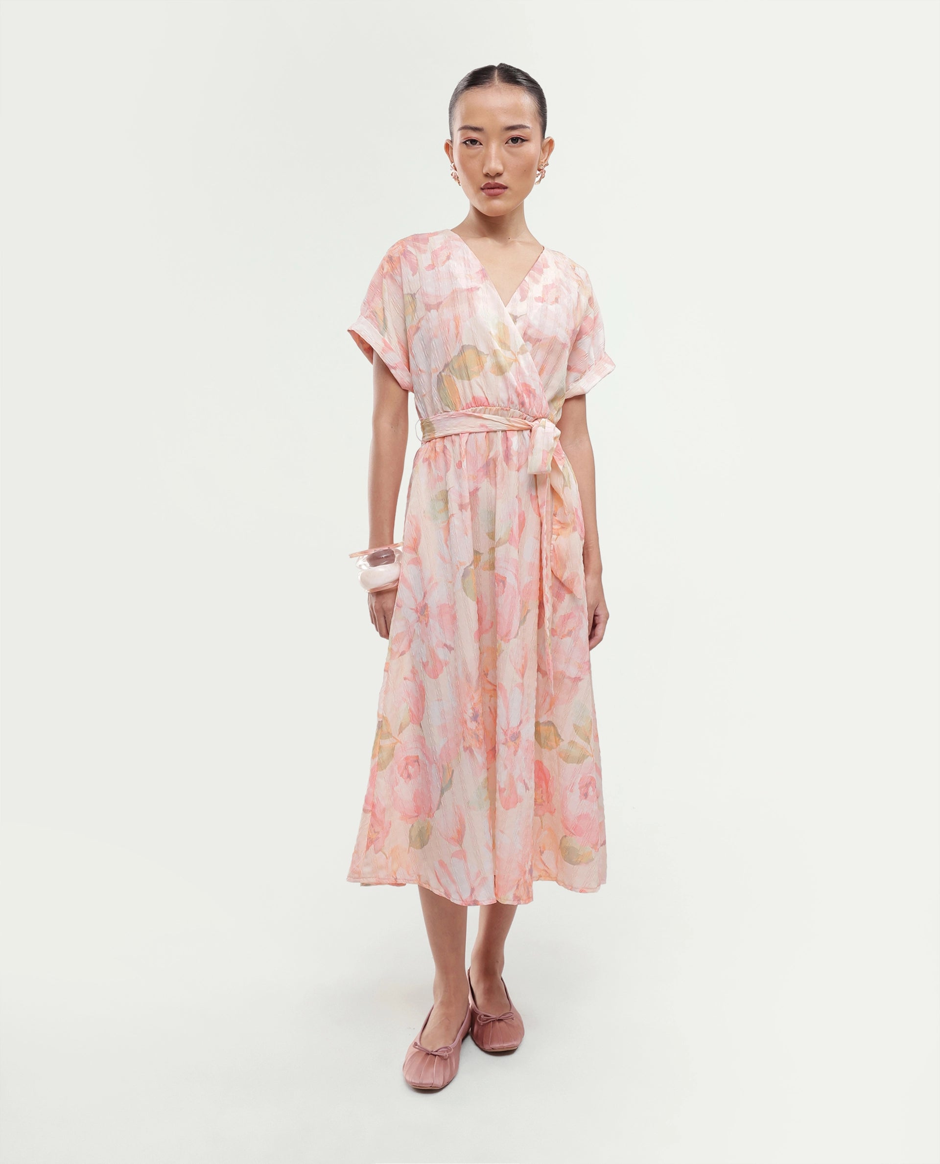 Rareism Women's Valno Light Multi Polyester Fabric Over Lap Flared Floral Print Dress
