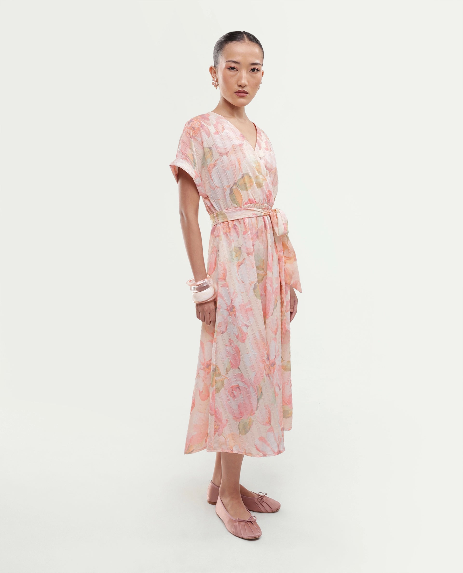 Rareism Women's Valno Light Multi Polyester Fabric Over Lap Flared Floral Print Dress