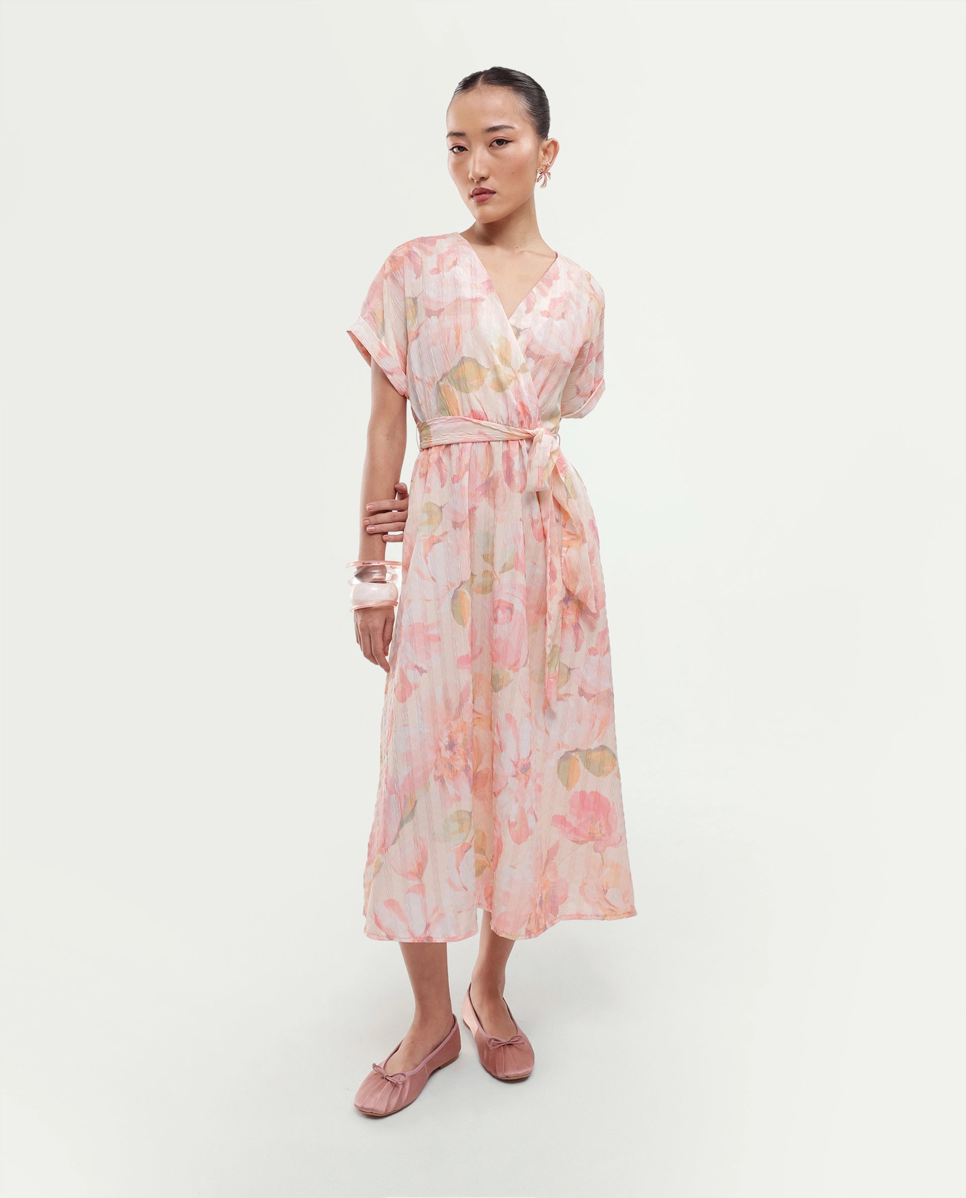 Rareism Women's Valno Light Multi Polyester Fabric Over Lap Flared Floral Print Dress