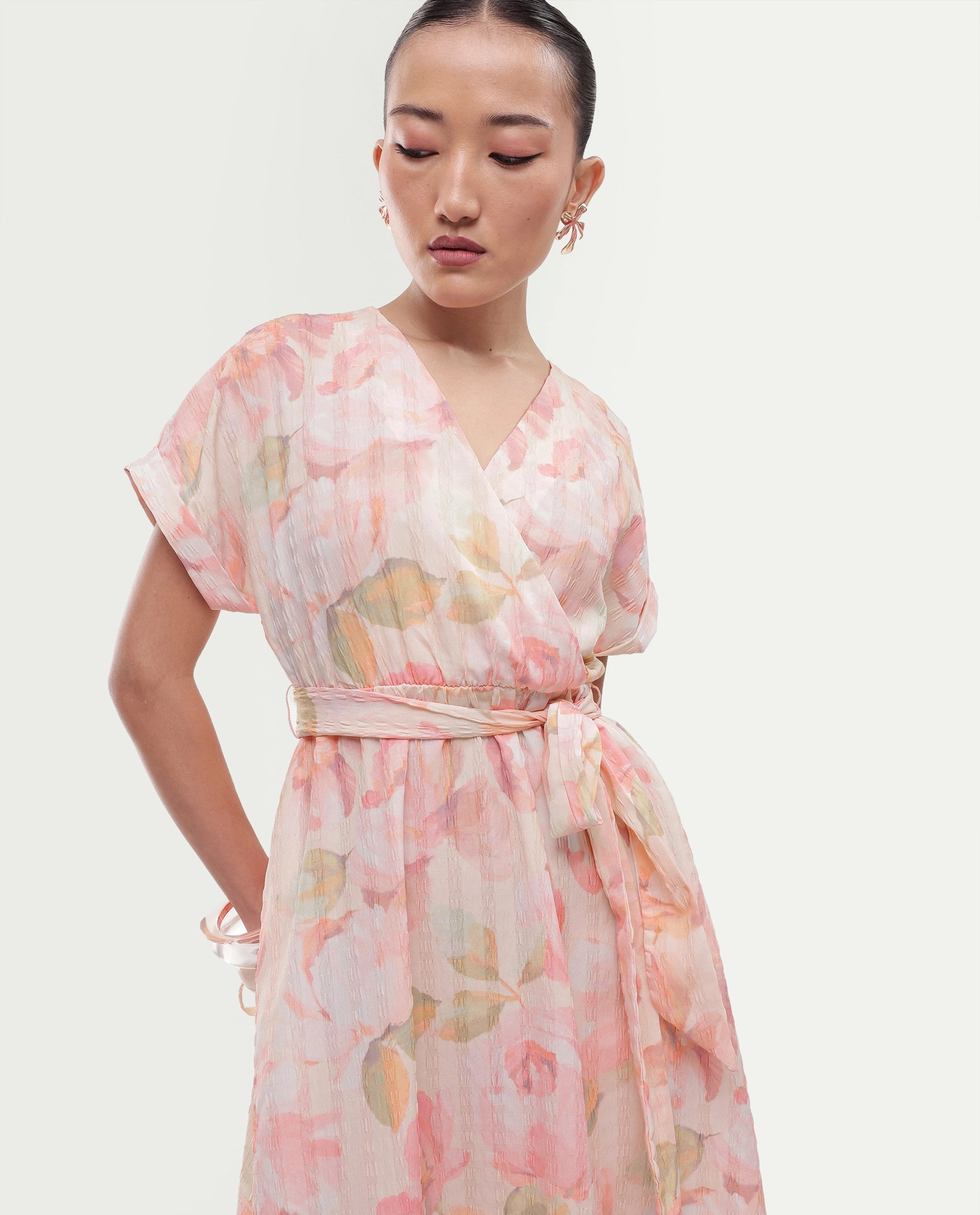 Rareism Women's Valno Light Multi Polyester Fabric Over Lap Flared Floral Print Dress