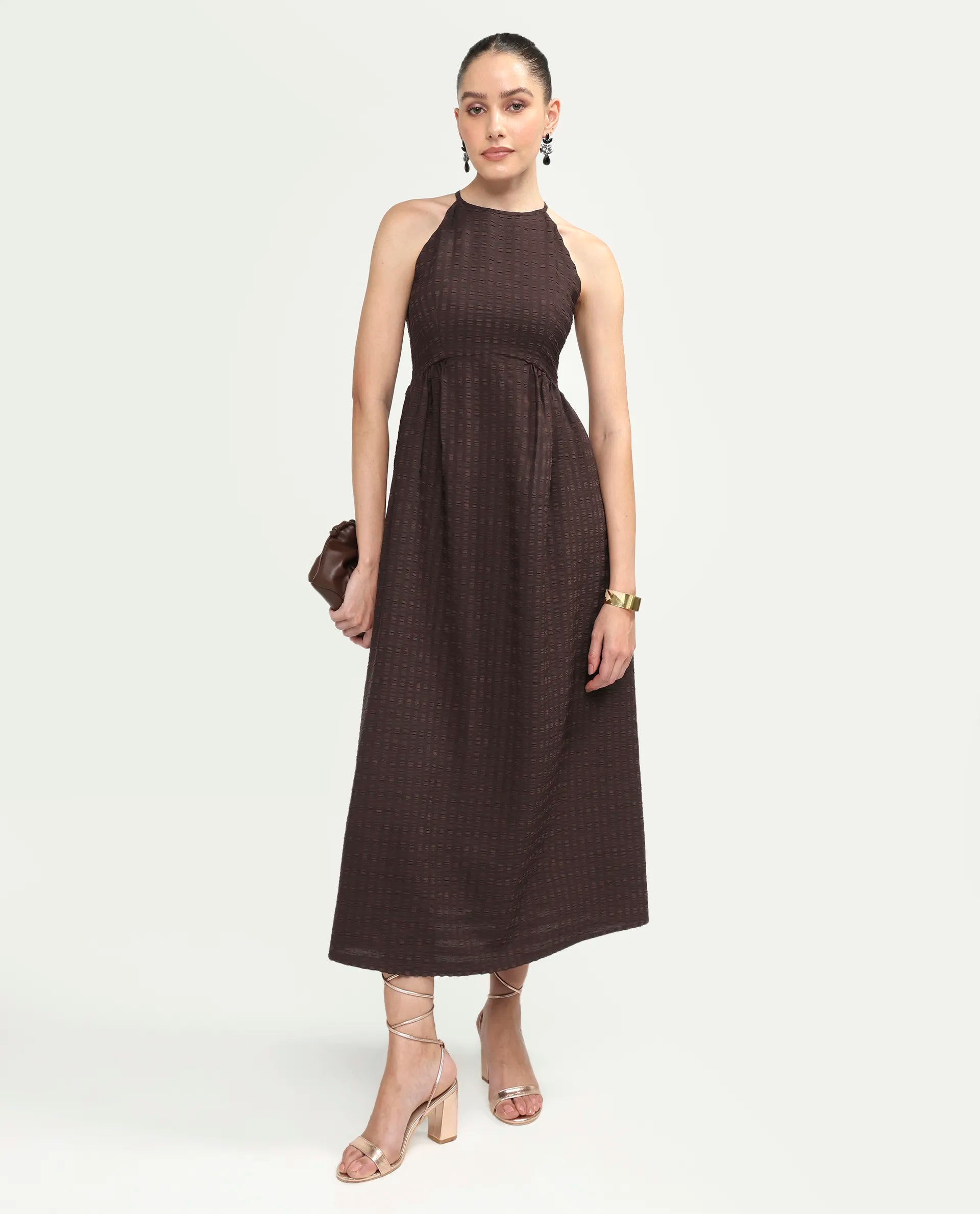 Rareism Women's Veant Brown Polyester Sleeveless Halter Neck Fit And Flare Plain Dress