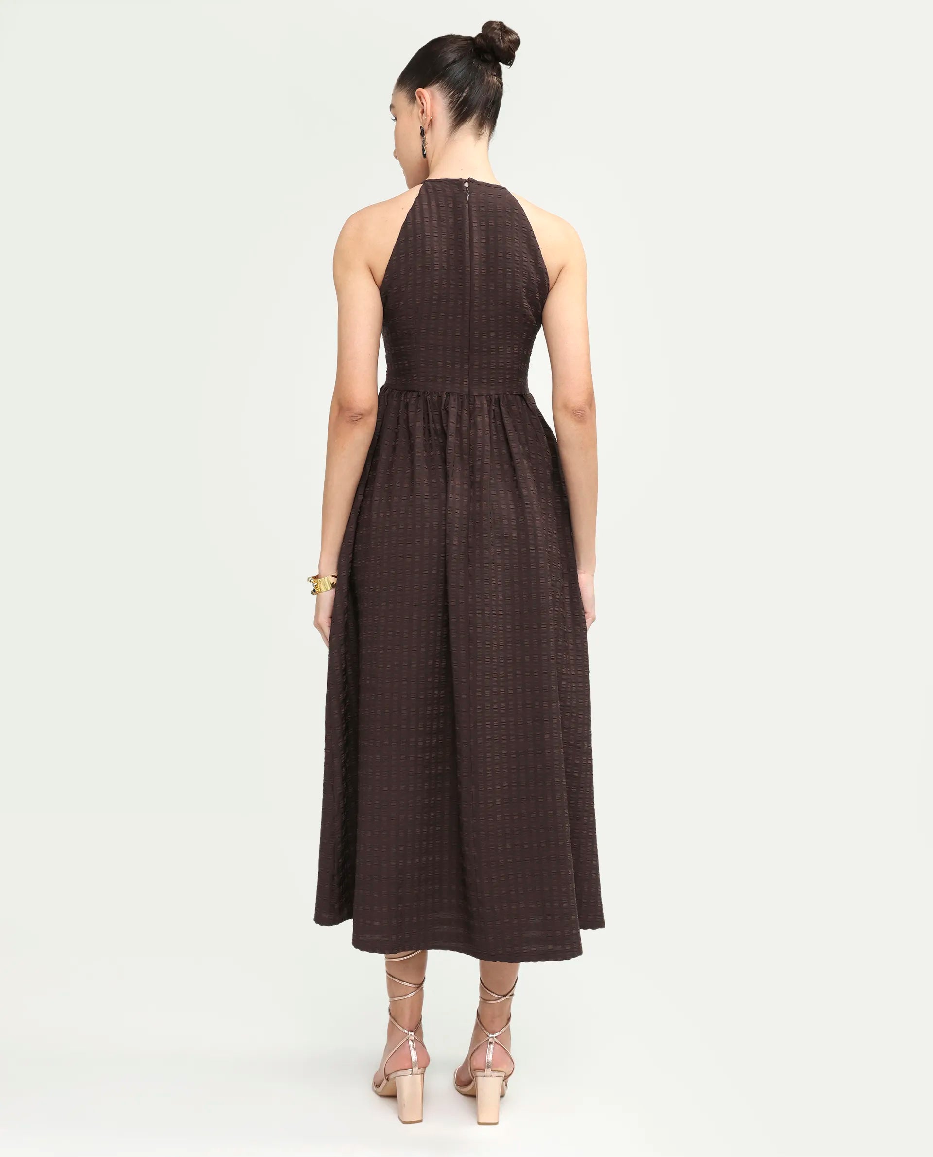 Rareism Women's Veant Brown Polyester Sleeveless Halter Neck Fit And Flare Plain Dress