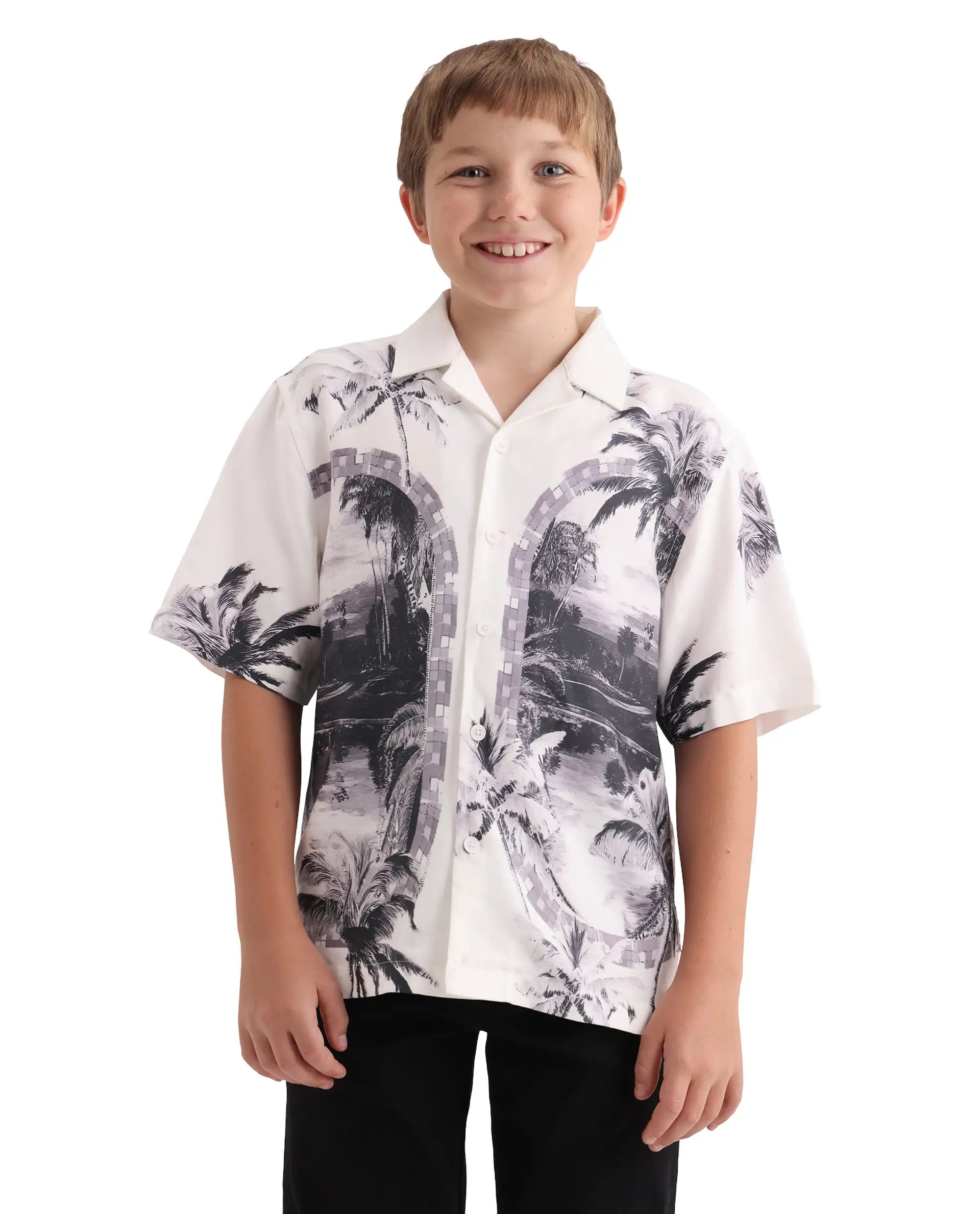 Rare Ones Kids Vacay White Cotton Blend Fabric Button Closure Boxy Fit Shirt