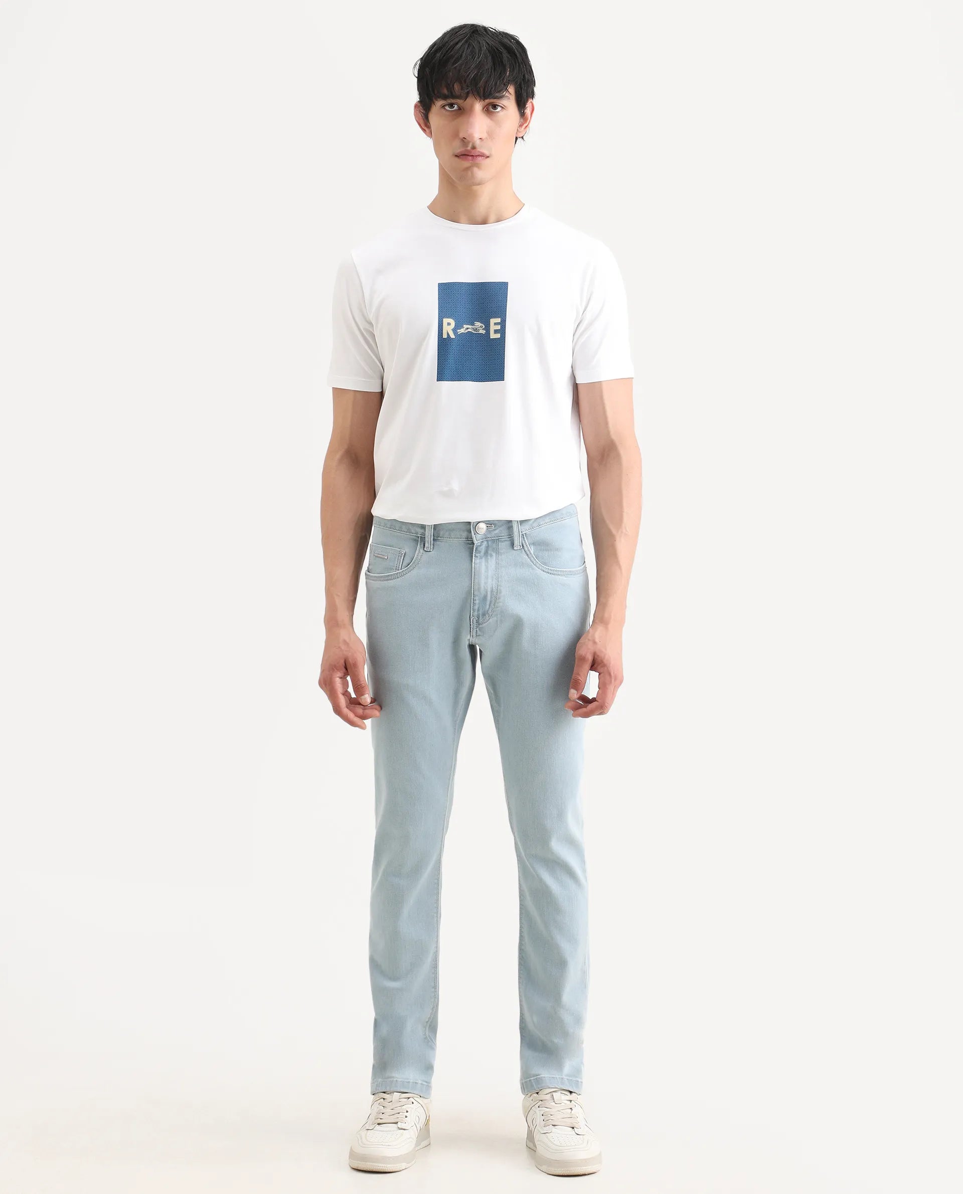 Rare Rabbit Men's Ankl Light Blue Cotton Blend Fabric Hawk Slim Plain Jeans