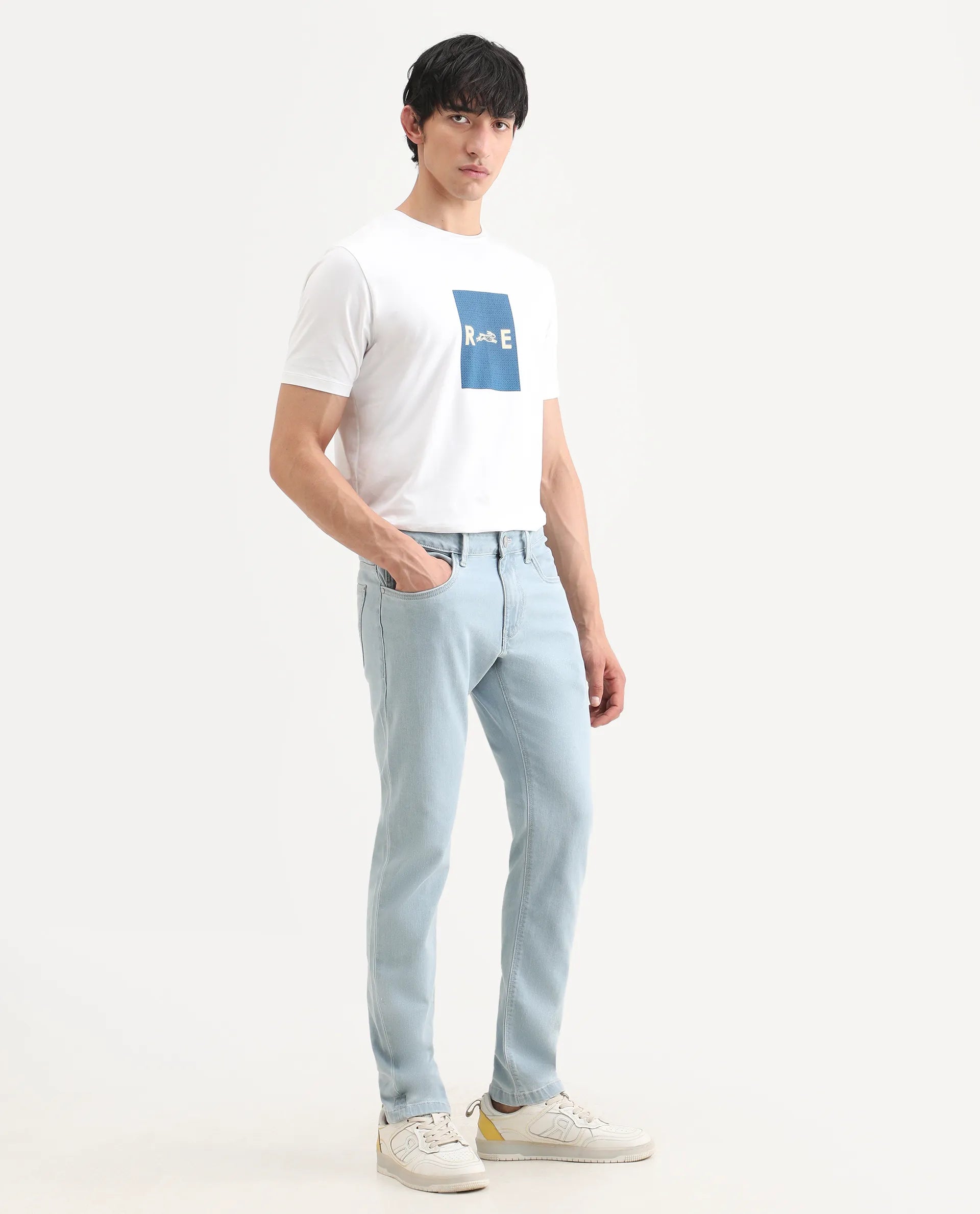 Rare Rabbit Men's Ankl Light Blue Cotton Blend Fabric Hawk Slim Plain Jeans