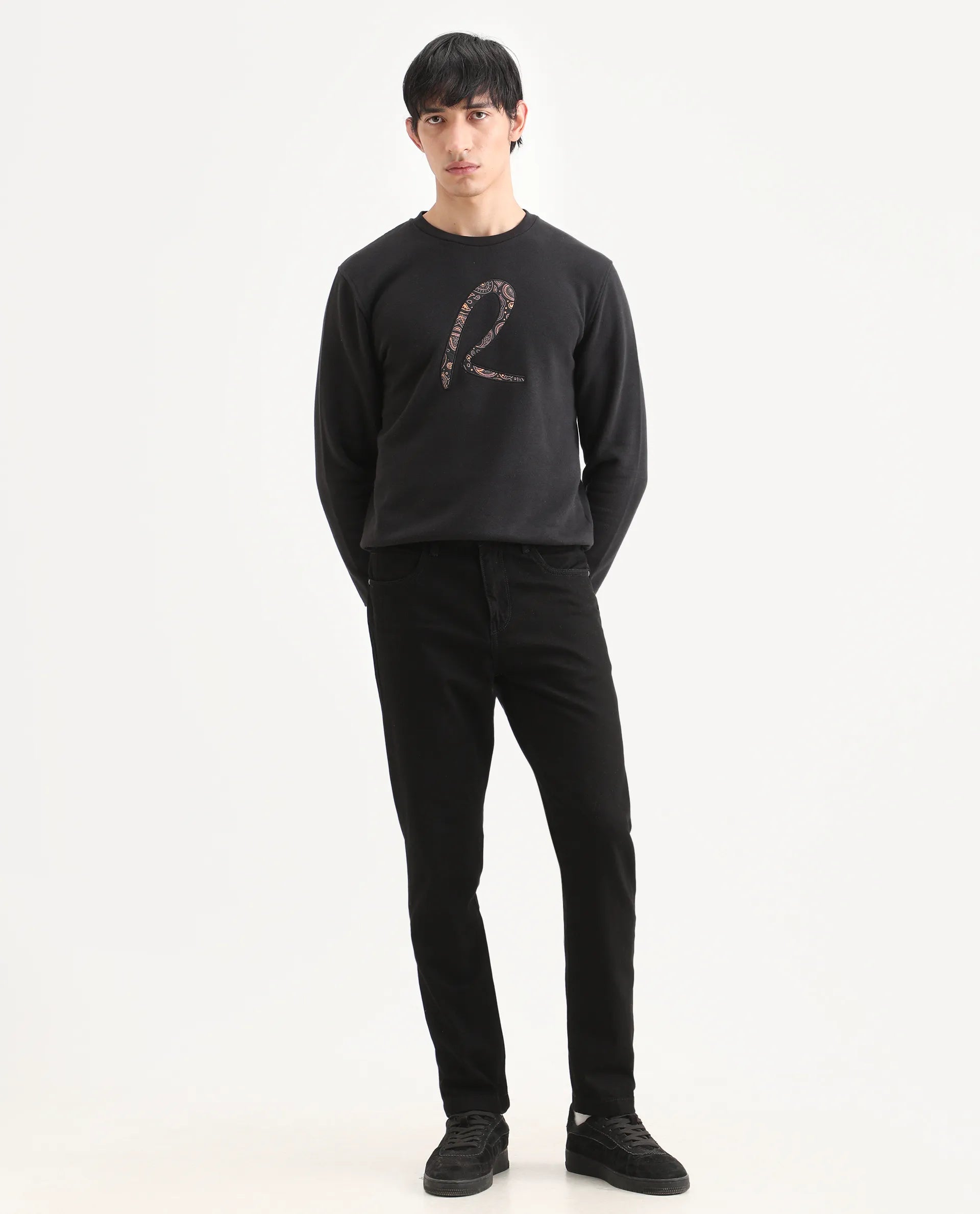 Rare Rabbit Men's Khal 26 Black Cotton Fabric Kurt Carrot Plain Jeans