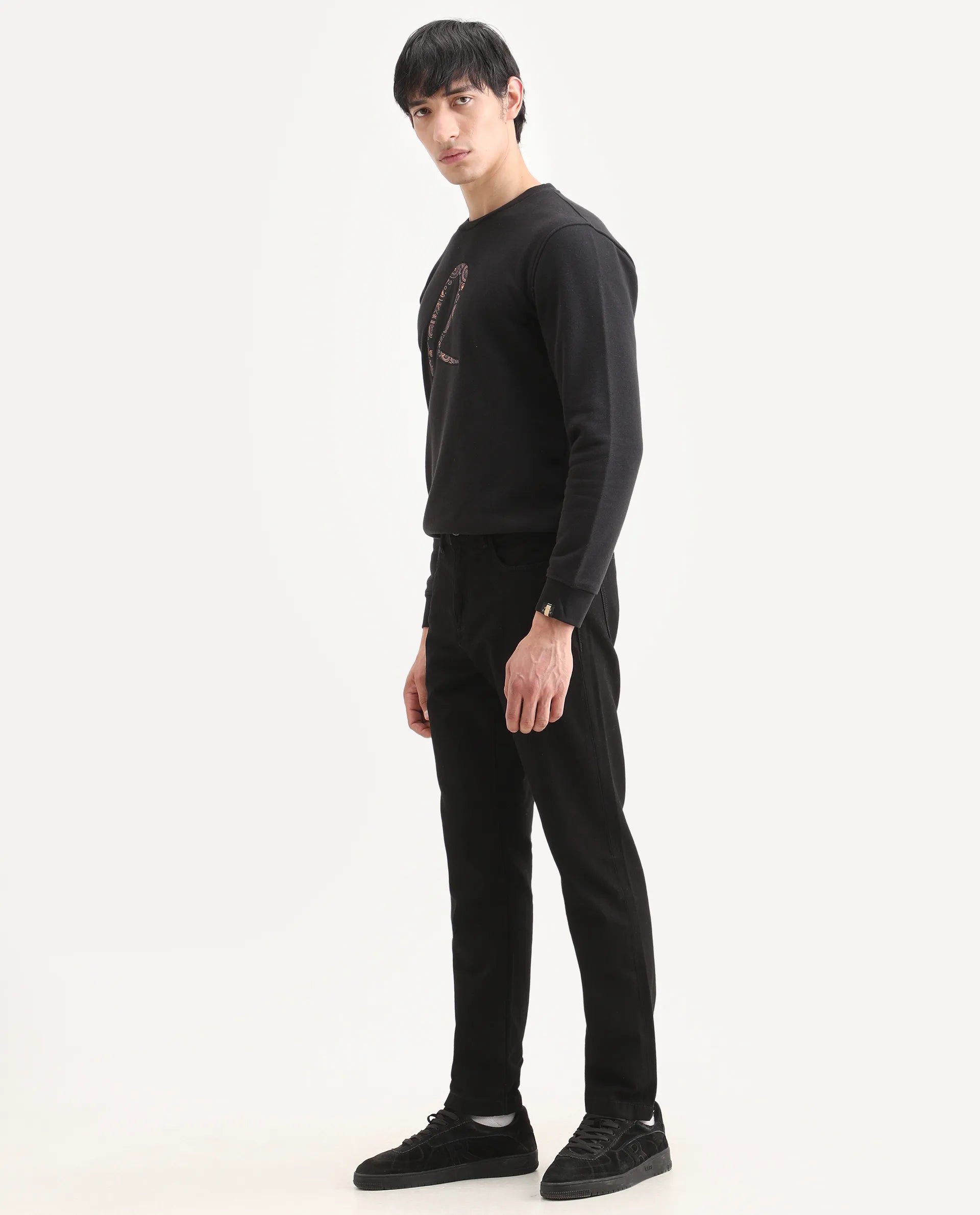 Rare Rabbit Men's Khal 26 Black Cotton Fabric Kurt Carrot Plain Jeans