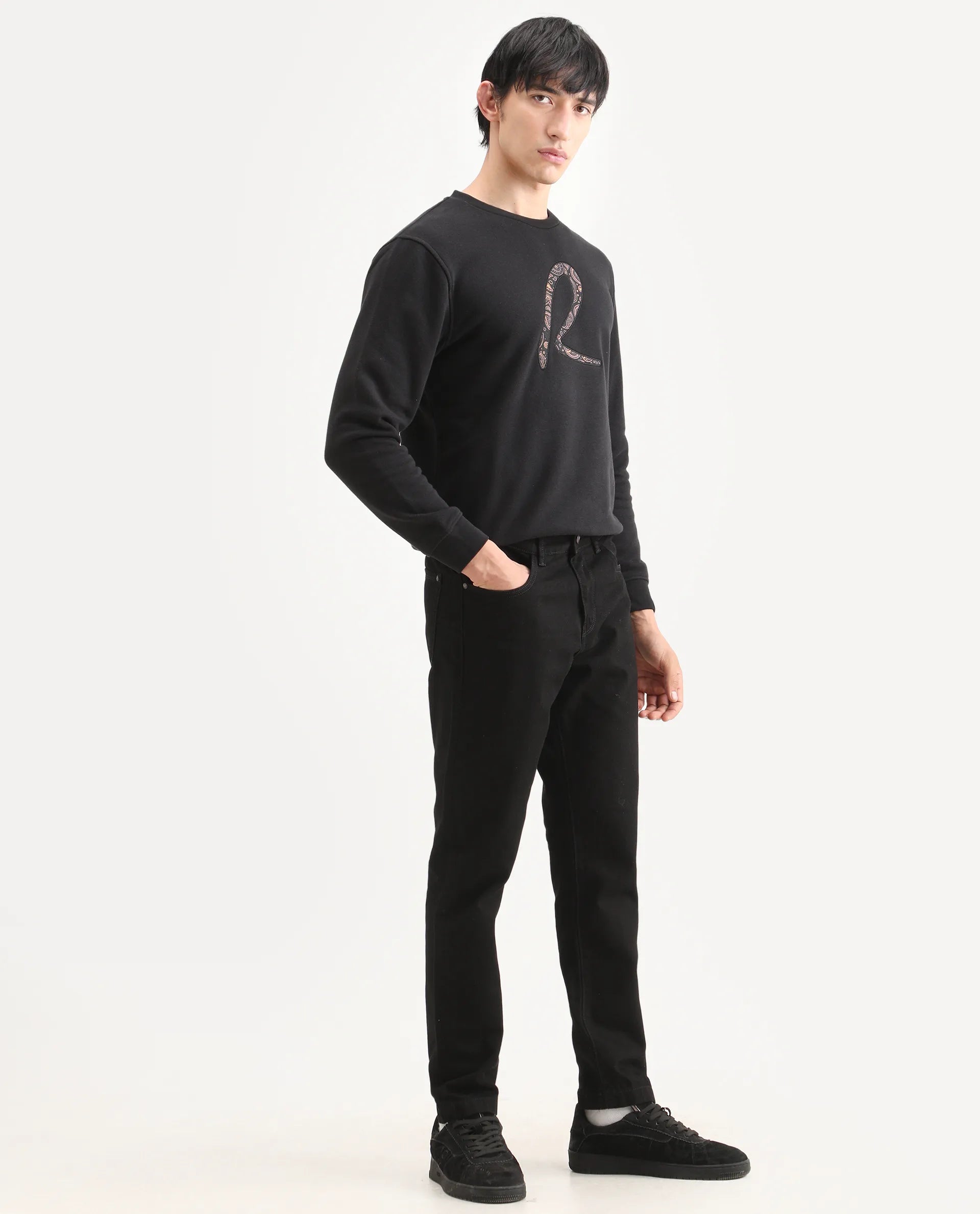 Rare Rabbit Men's Khal 26 Black Cotton Fabric Kurt Carrot Plain Jeans