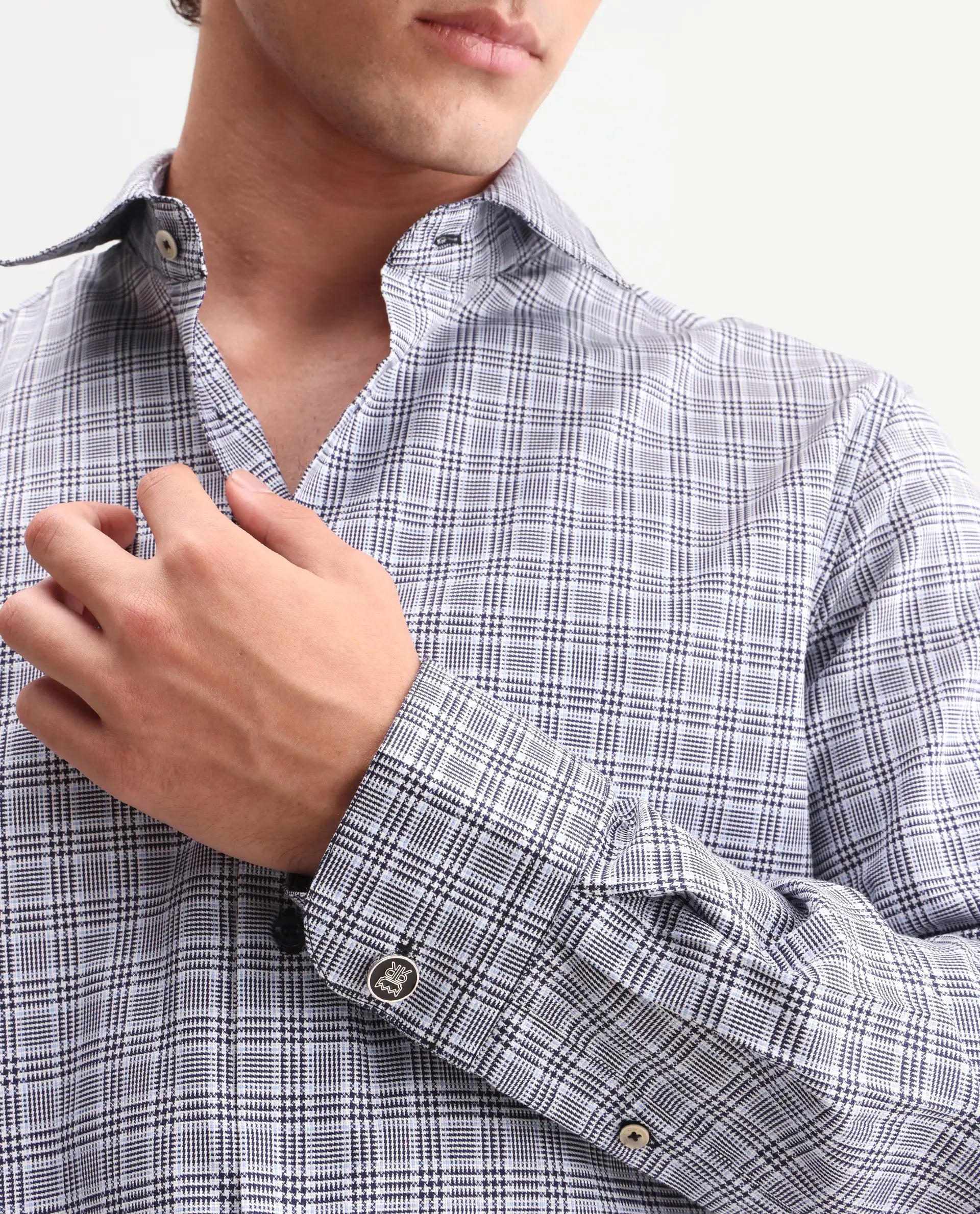 Rare Rabbit Men's Adel Navy Cotton Fabric Full Sleeve Spread Collar Button Regular Checked Shirt
