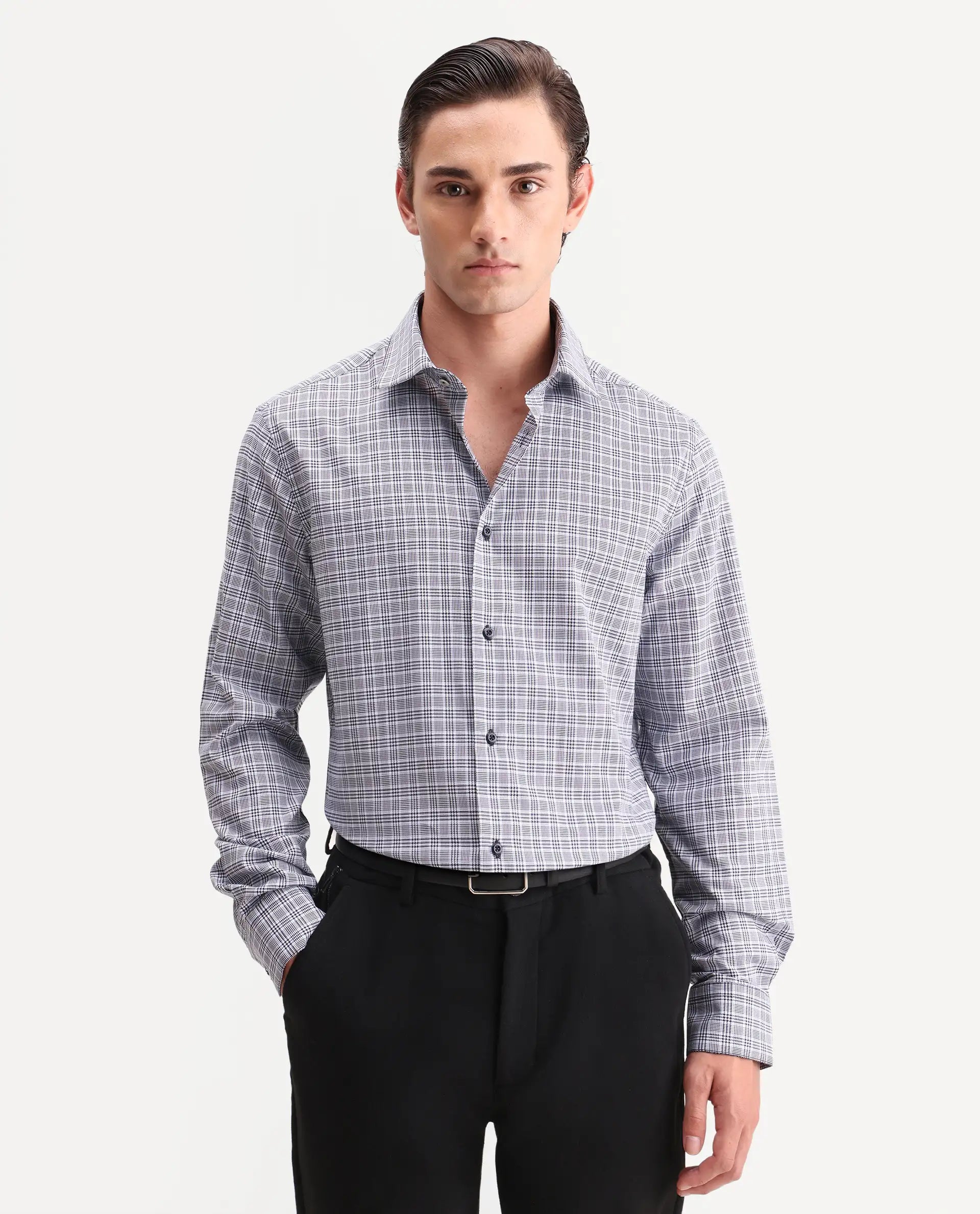 Rare Rabbit Men's Adel Navy Cotton Fabric Full Sleeve Spread Collar Button Regular Checked Shirt