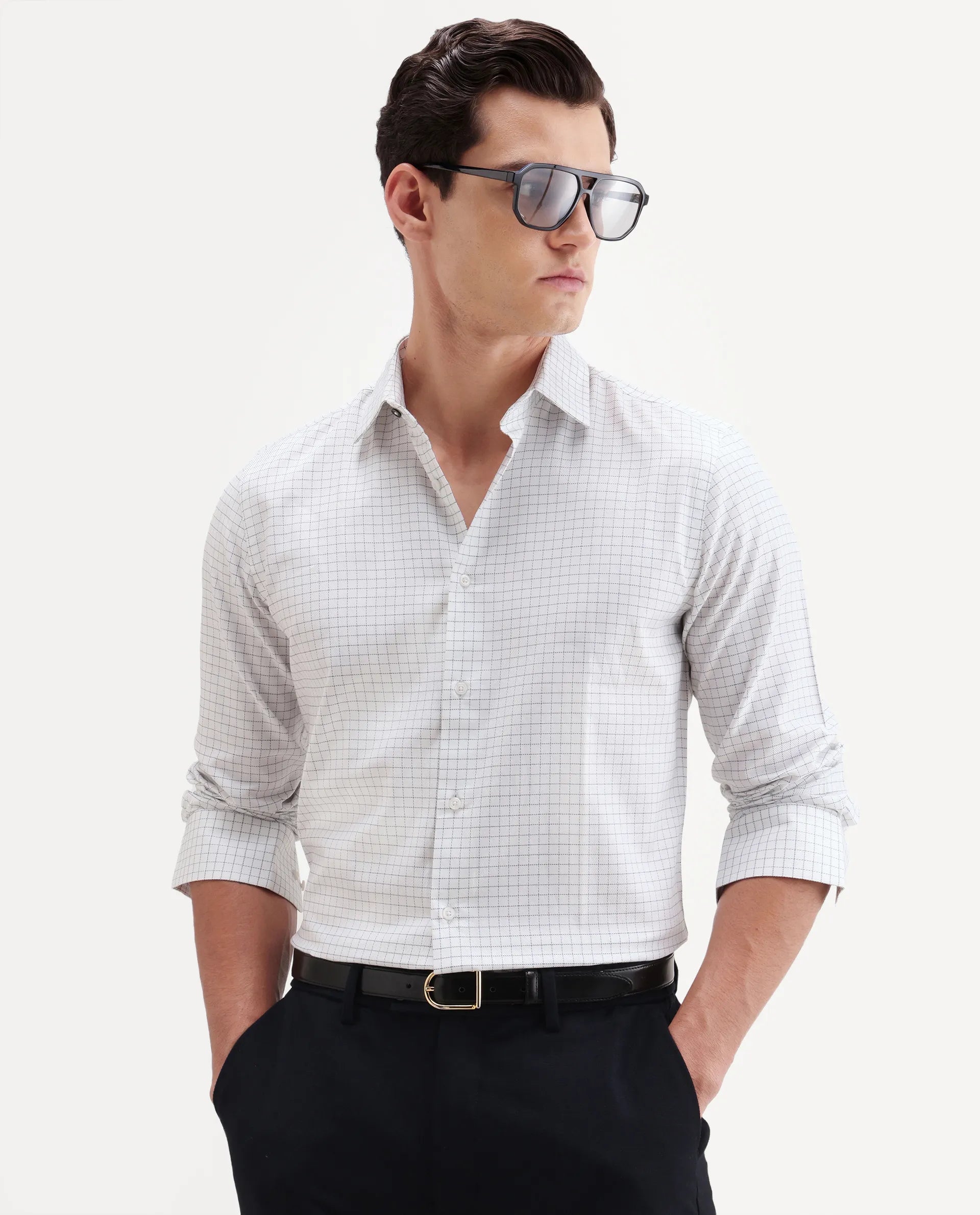 Rare Rabbit Men's Alic Light Navy Cotton Fabric Full Sleeve Spread Collar Regular Fit Checked Shirt