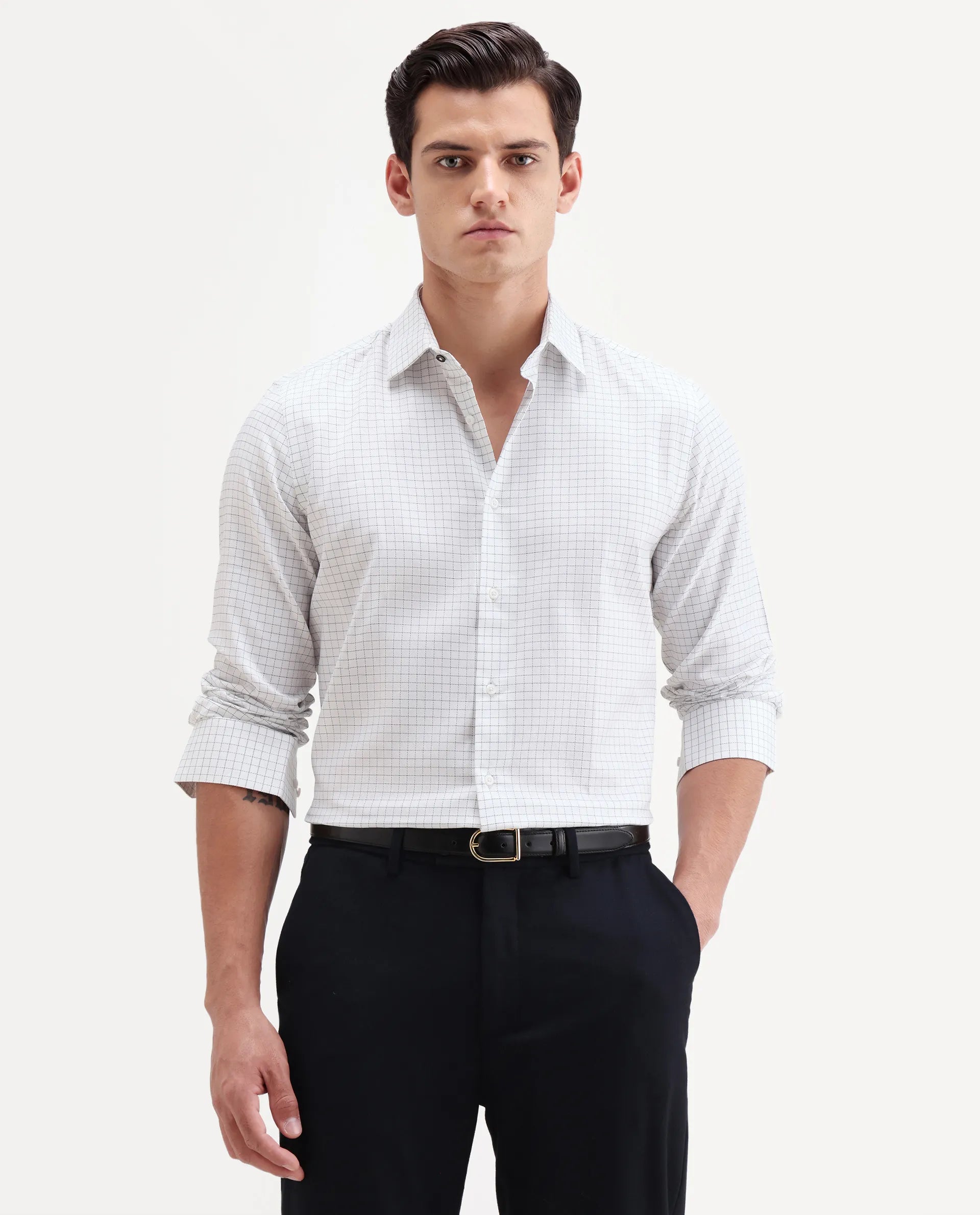 Rare Rabbit Men's Alic Light Navy Cotton Fabric Full Sleeve Spread Collar Regular Fit Checked Shirt
