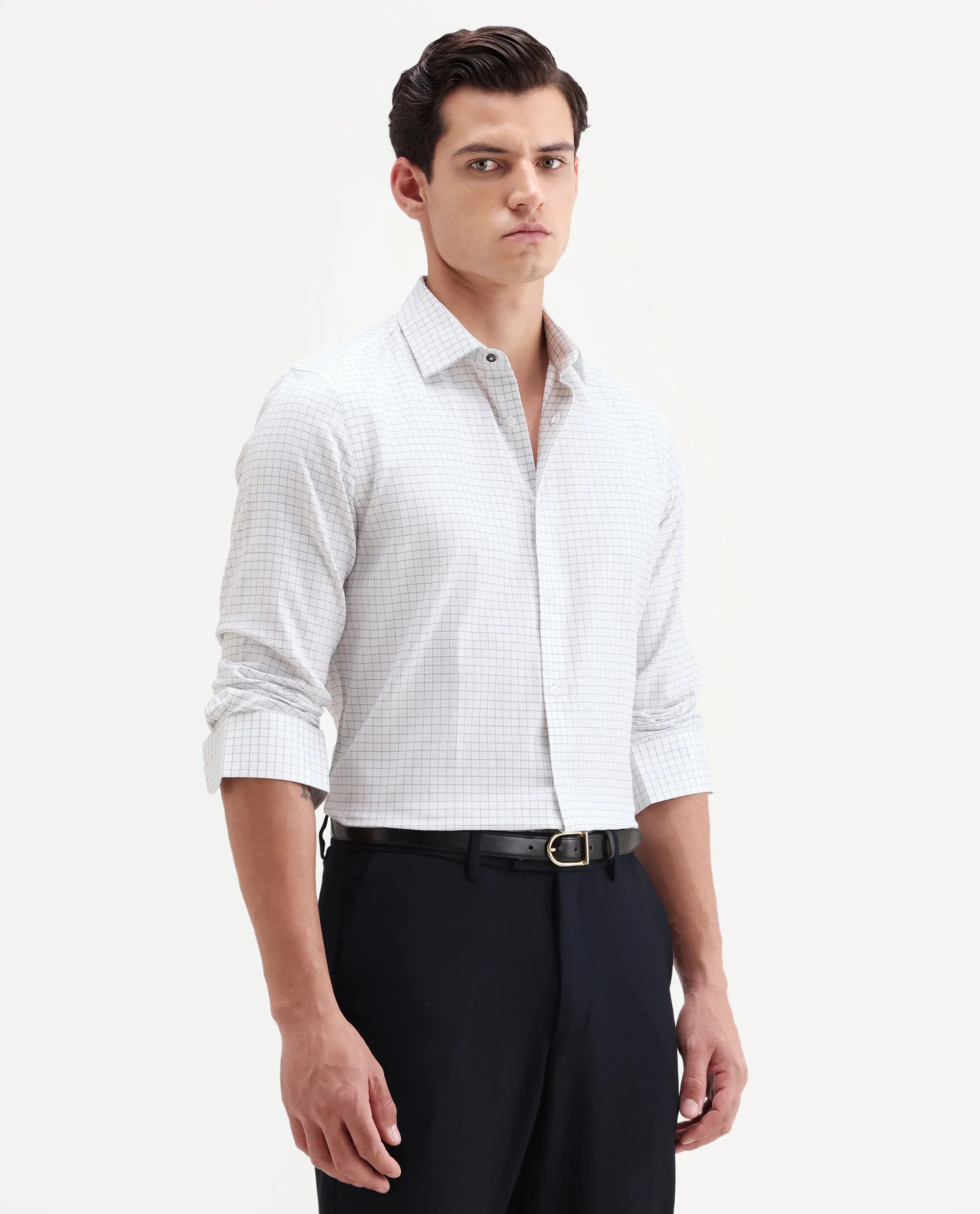 Rare Rabbit Men's Alic Light Navy Cotton Fabric Full Sleeve Spread Collar Regular Fit Checked Shirt
