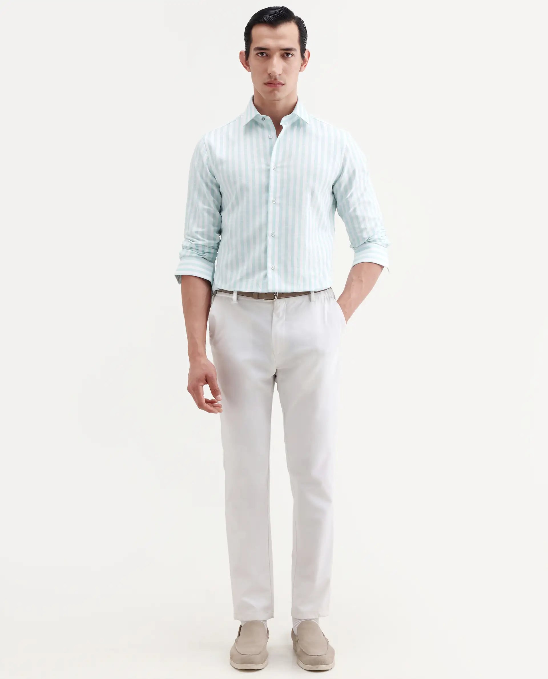 Rare Rabbit Men's Bario Green Linen Blend Fabric Full Sleeve Spread Collar Regular Striped Shirt